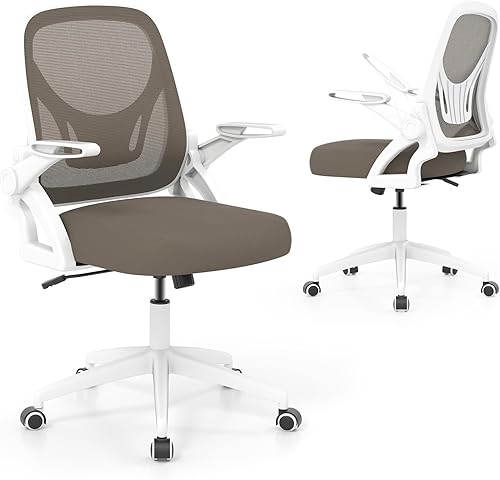 COSTWAY Silla de oficina, cómoda silla giratoria de escritorio con altura ajustable y reposabrazos abatibles, sillas ergonómicas de malla para