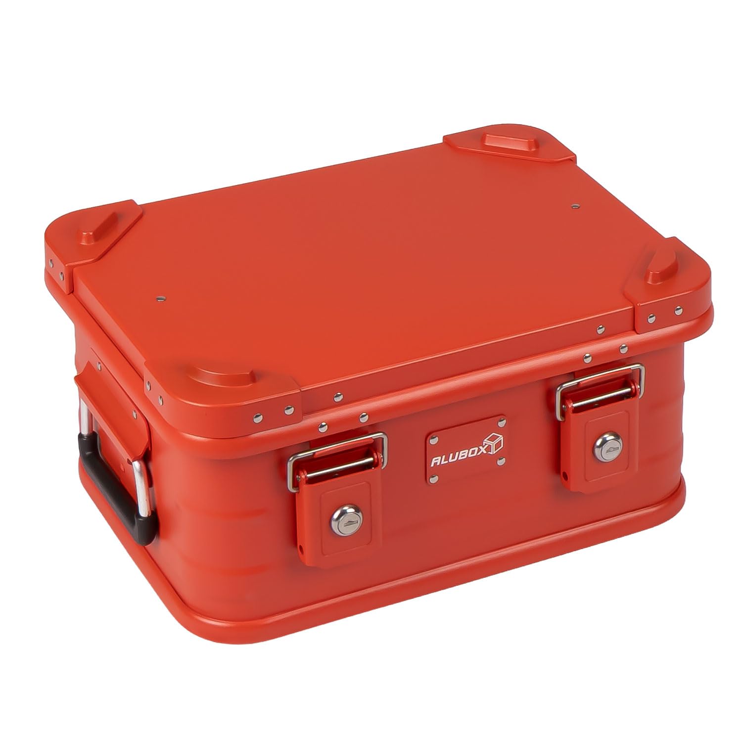 Alubox Alukiste Abschließbar E18-RED Premium Aluminium Werkzeugtruhe 18 Liter Rot Pulverbeschichtet Deckel Aluminium Druckguss Stapelecken Gummidichtung Schlösser