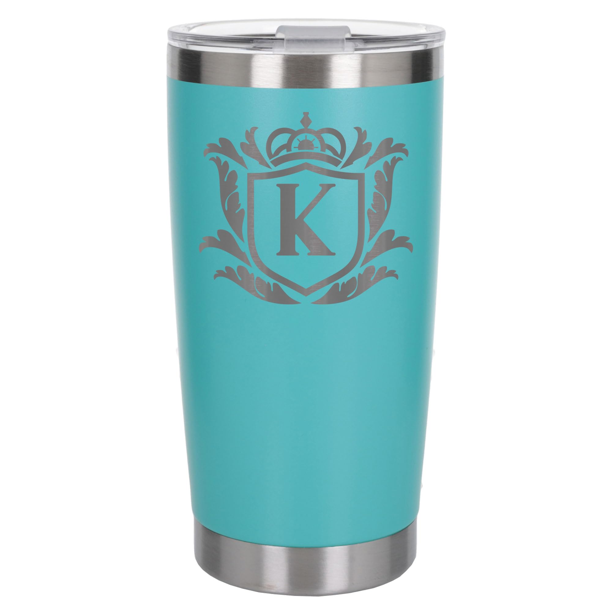 Customised Gifts 500ml Engraved Shield Initial Monogram Insulated Personalised Turquoise Travel Mug for Men and Women - Personalised Initial Coffee Travel Mug for Hot and Cold Beverages, Letter K