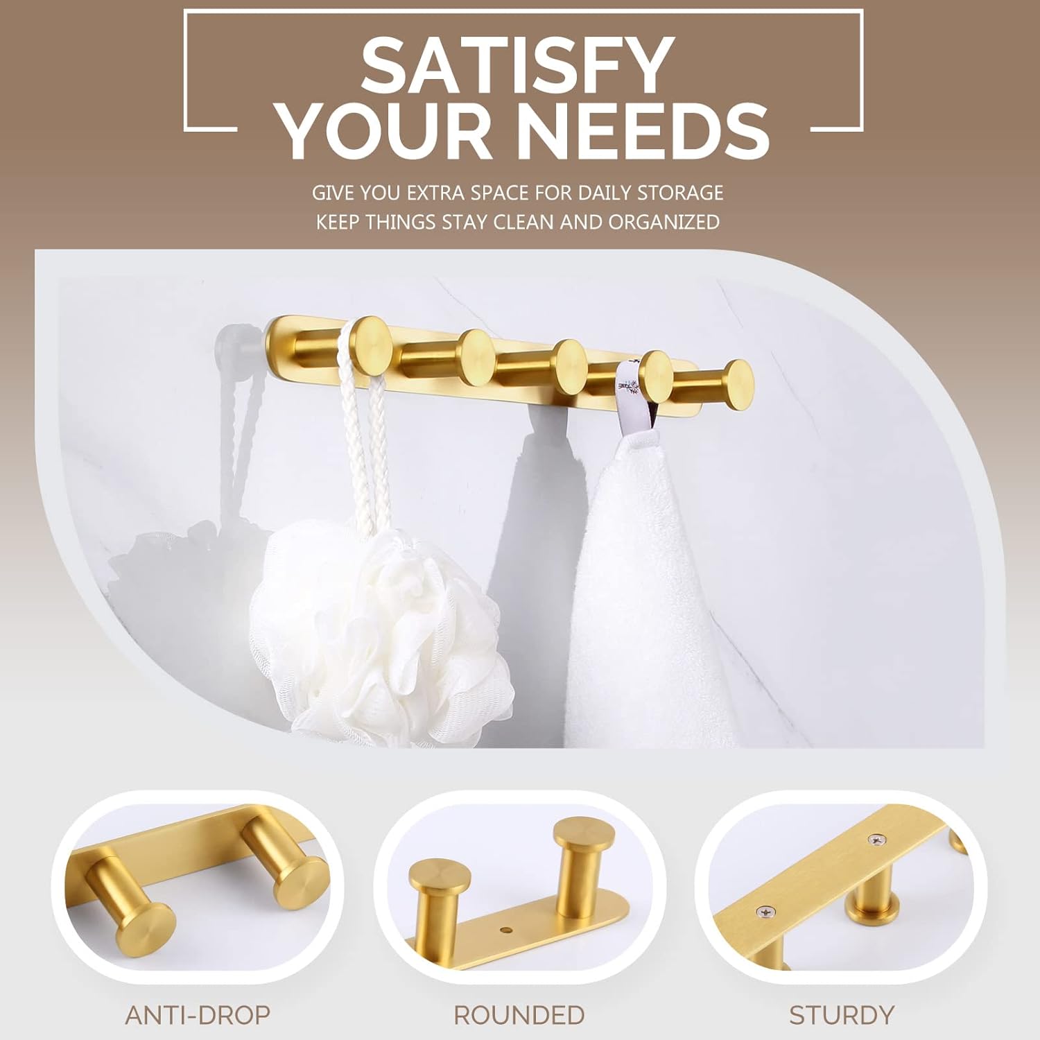 Brushed Gold Stainless Steel Wall Mounted Towel Hook Rack
