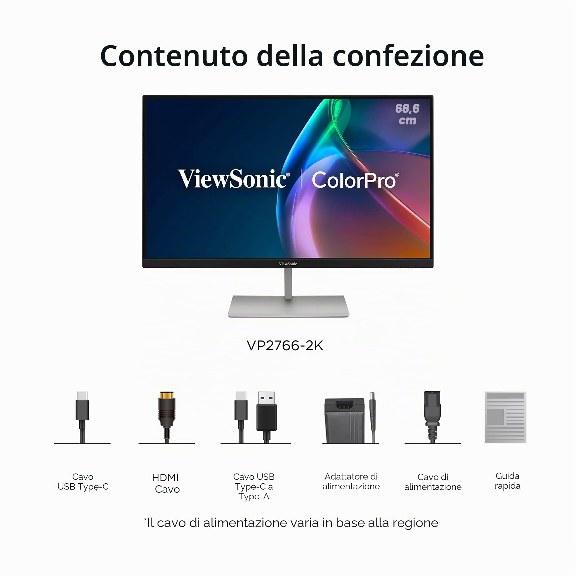 ViewSonic ColorPro VP2766-2K Monitor 27" 2K QHD, convalida Pantone, Delta E<2, 100% sRGB, 90W USB-C, 120Hz, Monitor creativo per progettazione grafica e editing video, ergonomico, TUV Flicker Free
