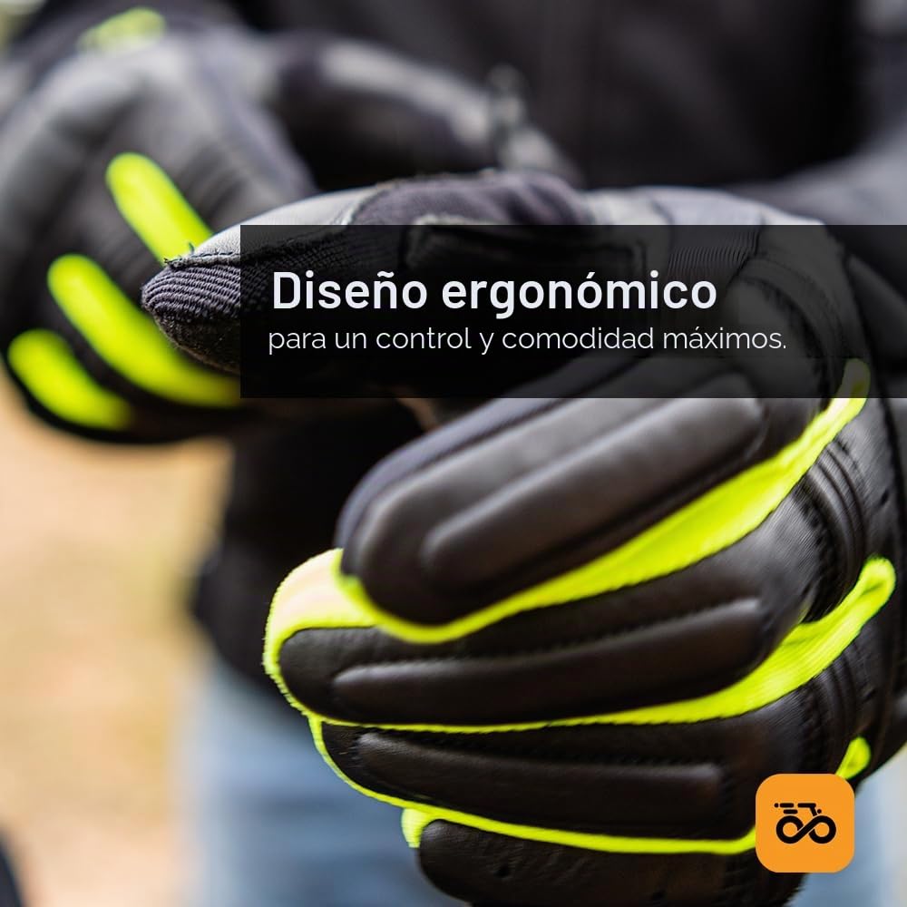 Moore Guantes de Moto 360 S Negro y Fluo – Impermeables, Piel Bovina, Protección CE.