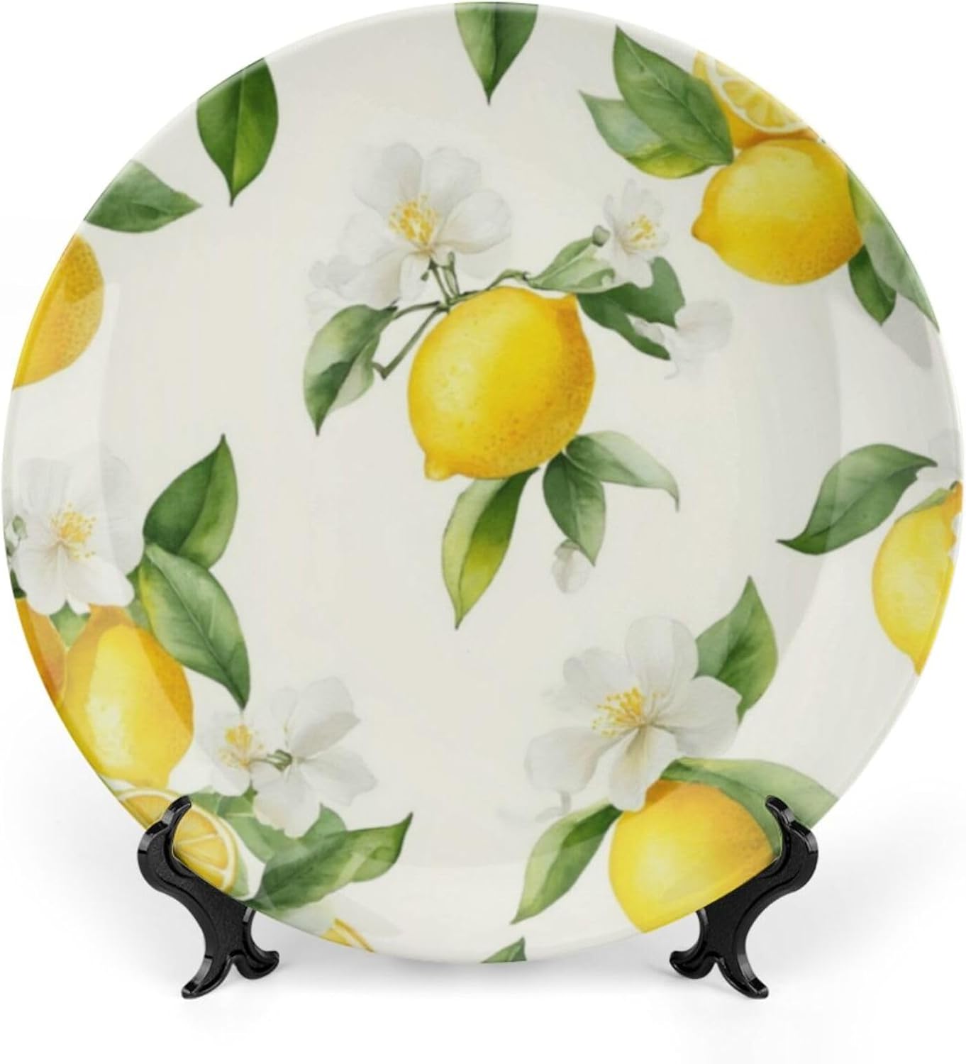 Lemon Theme Decorative Ceramic Plate Round Porcelain Plate,10 inch,Fruit Watercolor Pattern,for Decorative Ornaments Giving Plates,1 Plate with 1 Display Stand,Yellow Green