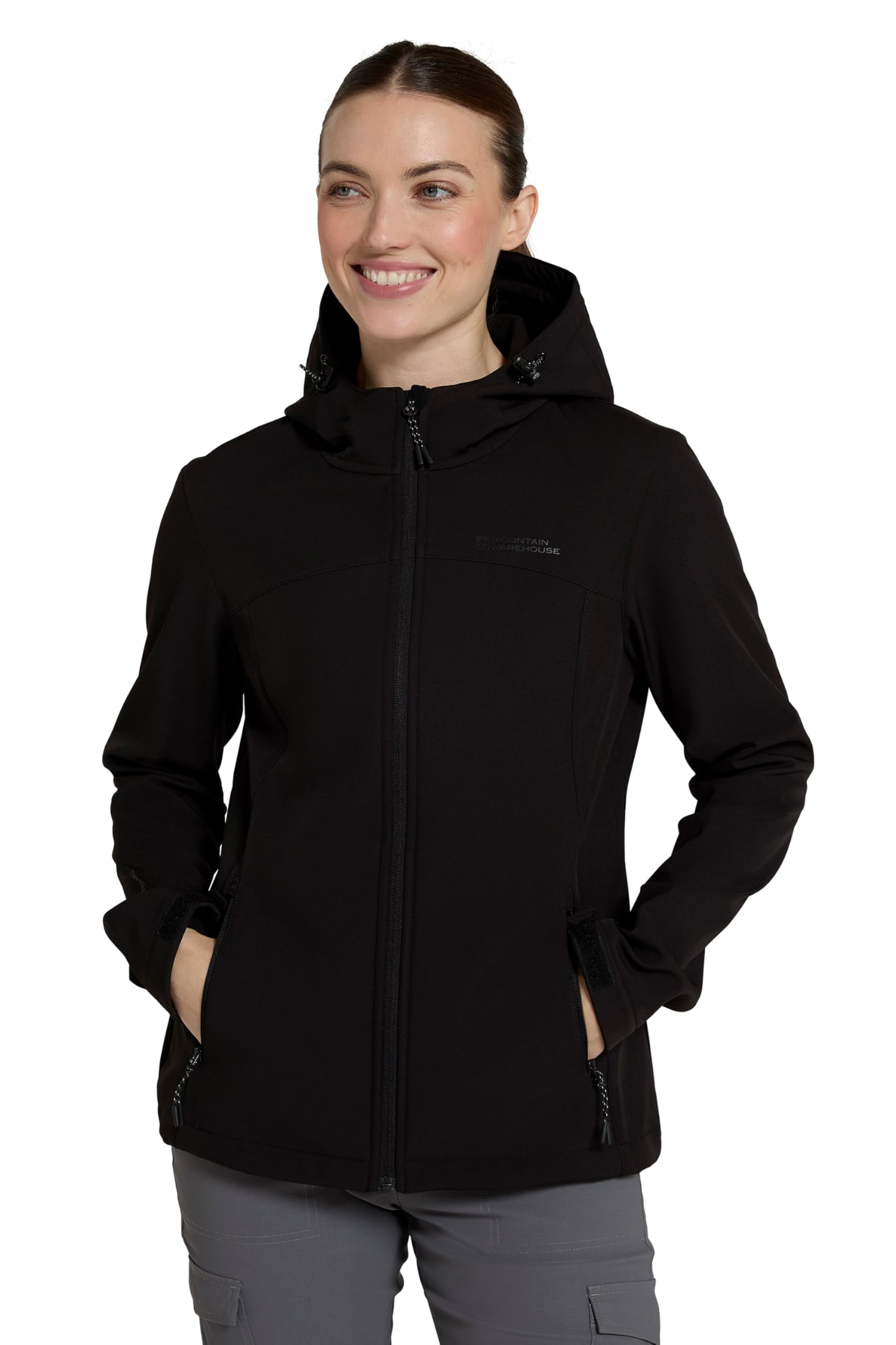Mountain Warehouse Women's Black Exodus Softshell Jacket - Breathable, Adjustable, Water & Wind Resistant Coat - For Spring, Summer, Walking, Everyday Wear Size 16