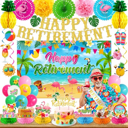Image of Beach Retirement Party Decorations, Aloha Party Decorations includes Happy Retirement Banner Hawaiian Backdrop and Hanging Swirls Honeycomb Centerpieces, for Aloha Decor