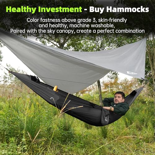 Image of Camping Hammock with Mosquito Net and Rain Fly Tarp - 2 Person Hammock Tent, Portable Parachute Nylon Hammock for Outdoor, Hiking, Backpacking, Backyard, Travel (Hold Up to 500lbs) - Black