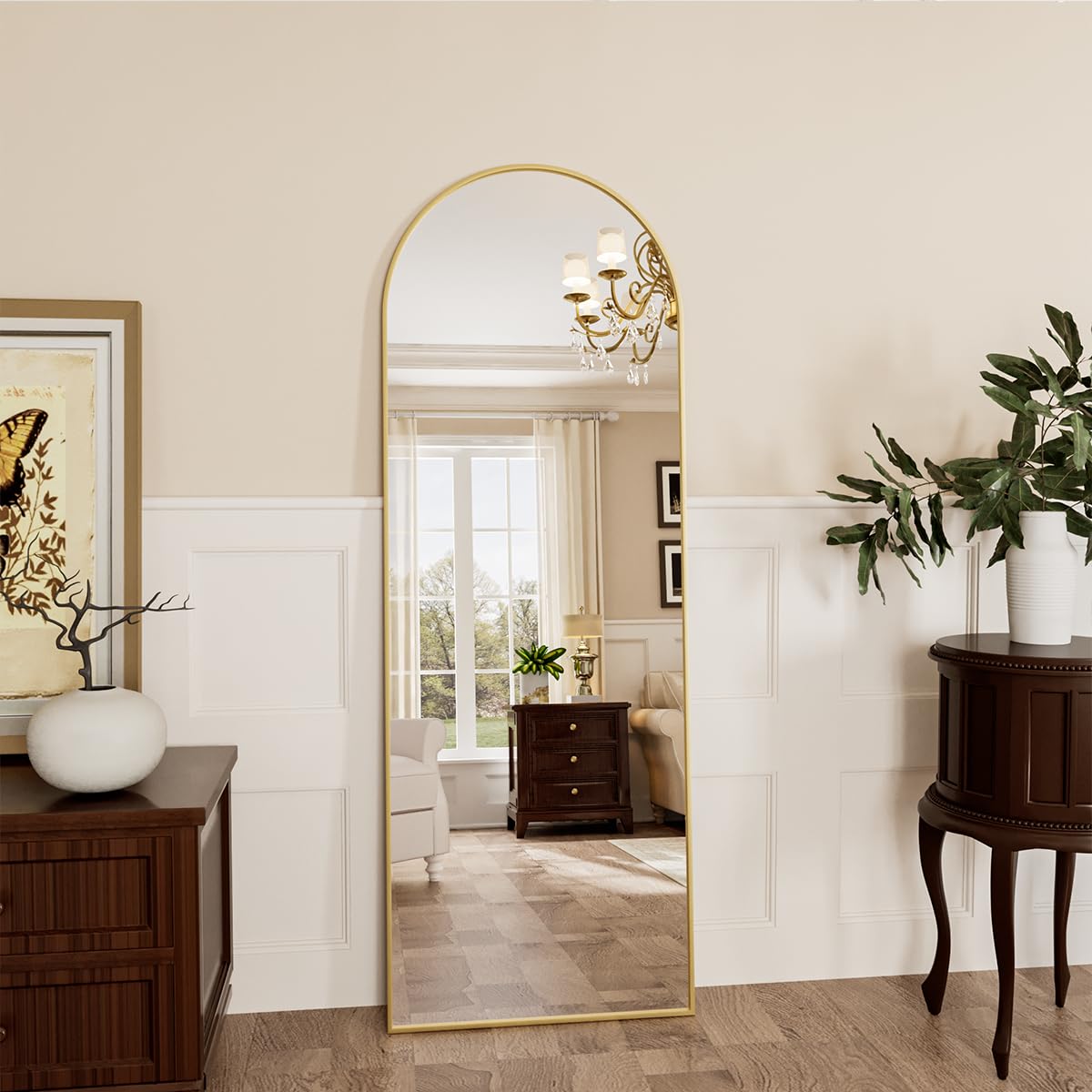 FVANF Arched Full Length Mirror, Floor Mirror Full Length, Arch Full Body Mirror, Standing Mirrror or Leaning Wall Mirror for Bedroom, Living Room, Aluminum Alloy Frame, 58"x18", Gold