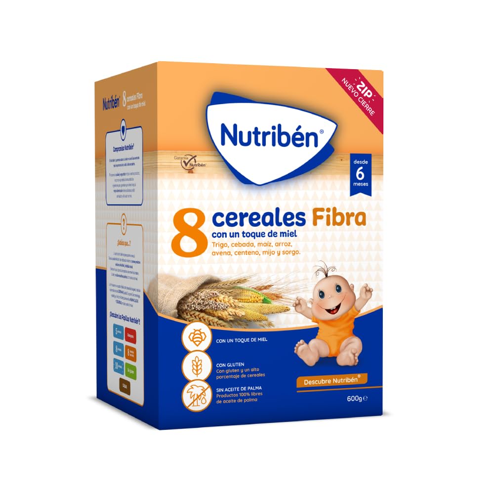 Nutribén Papilla 8 Cereales con un toque de Miel y Fibra, 3600g, Alimento para Bebés a partir de 6 meses, Sin azúcares añadidos, Sin aceite de palma, Paquete de 6 unidades de 600g