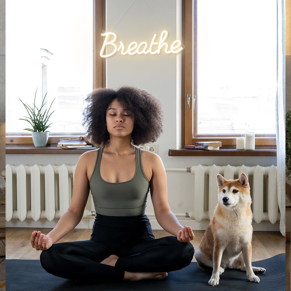 DIVATLA Breathe Neon Sign for Wall Art, USB Powered, Hanging Neon Sign for Yoga Studio Wall, Home, Bedroom, Reading Room Decoration by , Size 17x6 inches, Warm White