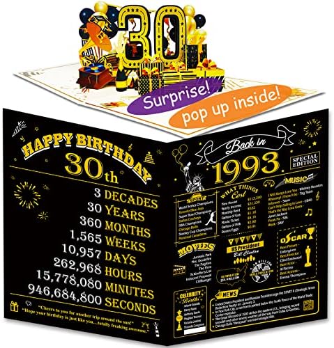 30th Birthday Pop Up Cards for Women or Men, 3D Greeting Card with Gilding Poster Cover, Funny 30th Birthday Gifts Idea for Party Supplies, Unique 30 Year Anniversary For Mom Dad, Back In 1993, Jumbo size 8x10"