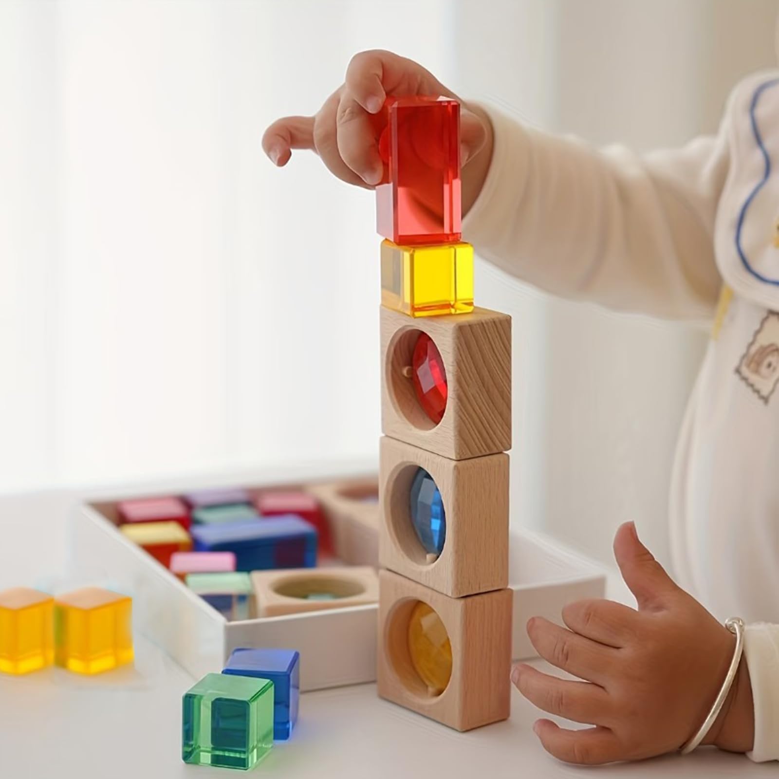 Acryl Bausteine Set, 19-teilig lichtbausteine, Stapelbar für Lichteffekte | Transparente Acryl Bausteine Würfel, Quader, Zylinder & Holz-Gem-Würfe, Sensorik Förderung bei Kindern (Rainbow)