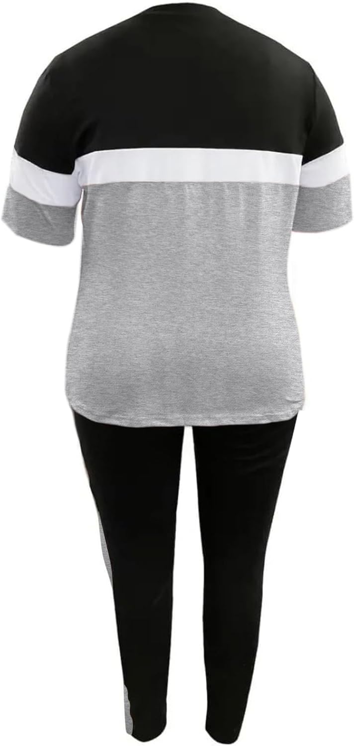 LovelyWholesale Plus Size 2 Piece Outfits for Women Color Block Tracksuit Short Sleeve Top and Pants Set - Image 4
