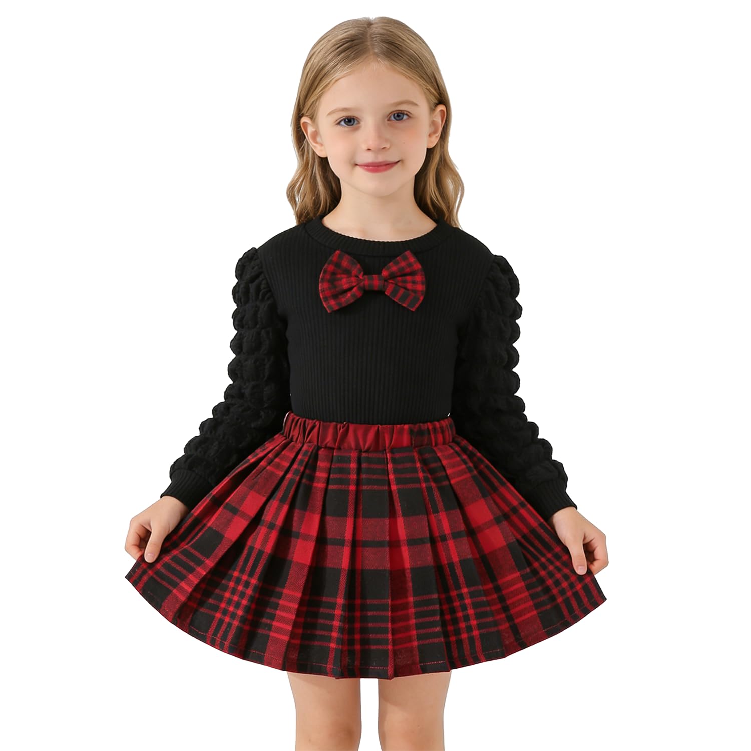 3-8Y Toddler Girl Skirt Set Kid 2Pcs Outfits Puff Long Sleeve Top Pleated Skirt with Bowknot Fall Winter Clothes