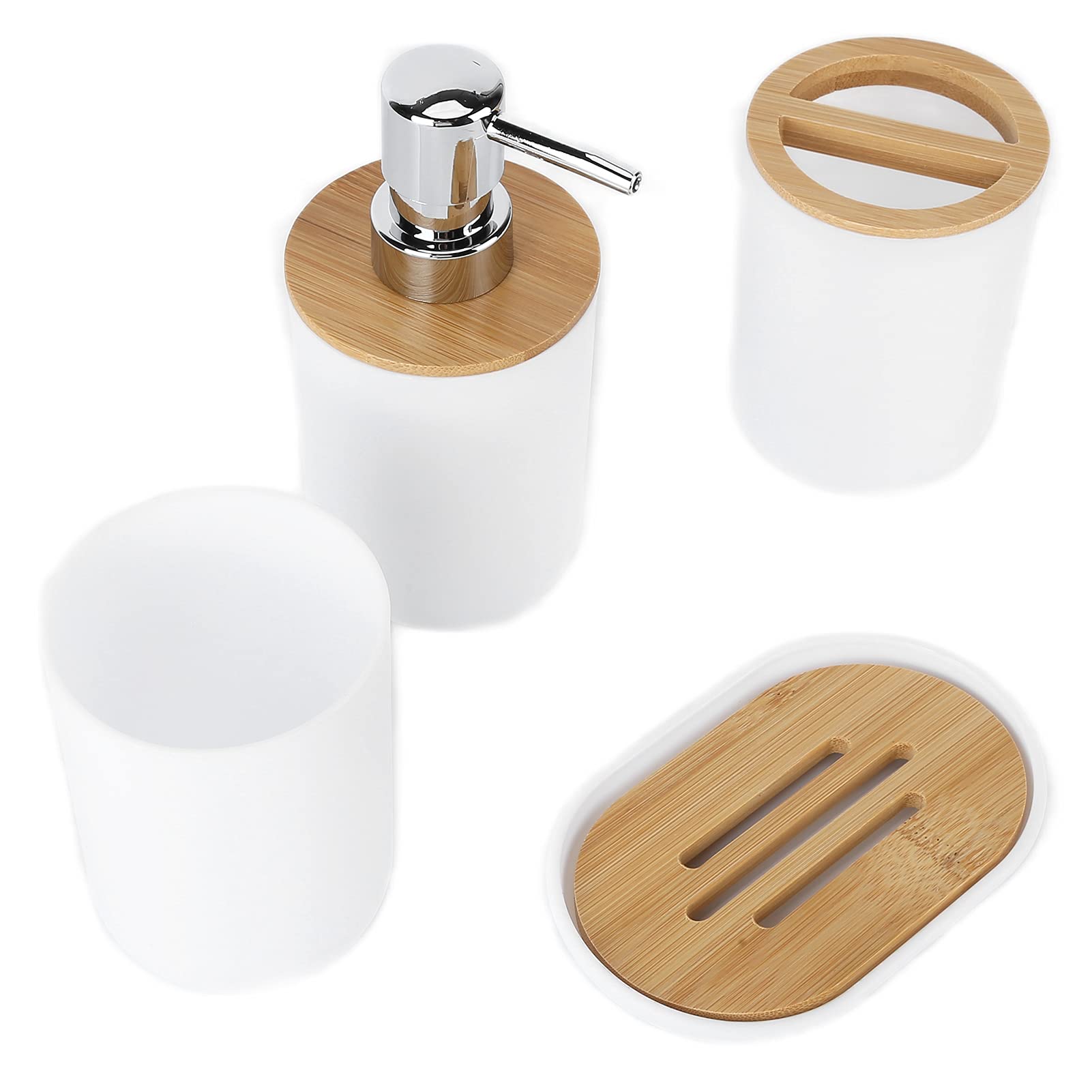 Set Accessori Bagno 4 Pezzi in Plastica Effetto Legno Bianco, Portaspazzolino Portasapone Dispenser Sapone e Tazza, Kit Portaoggetti Compatto per Bagno Casa Moderno