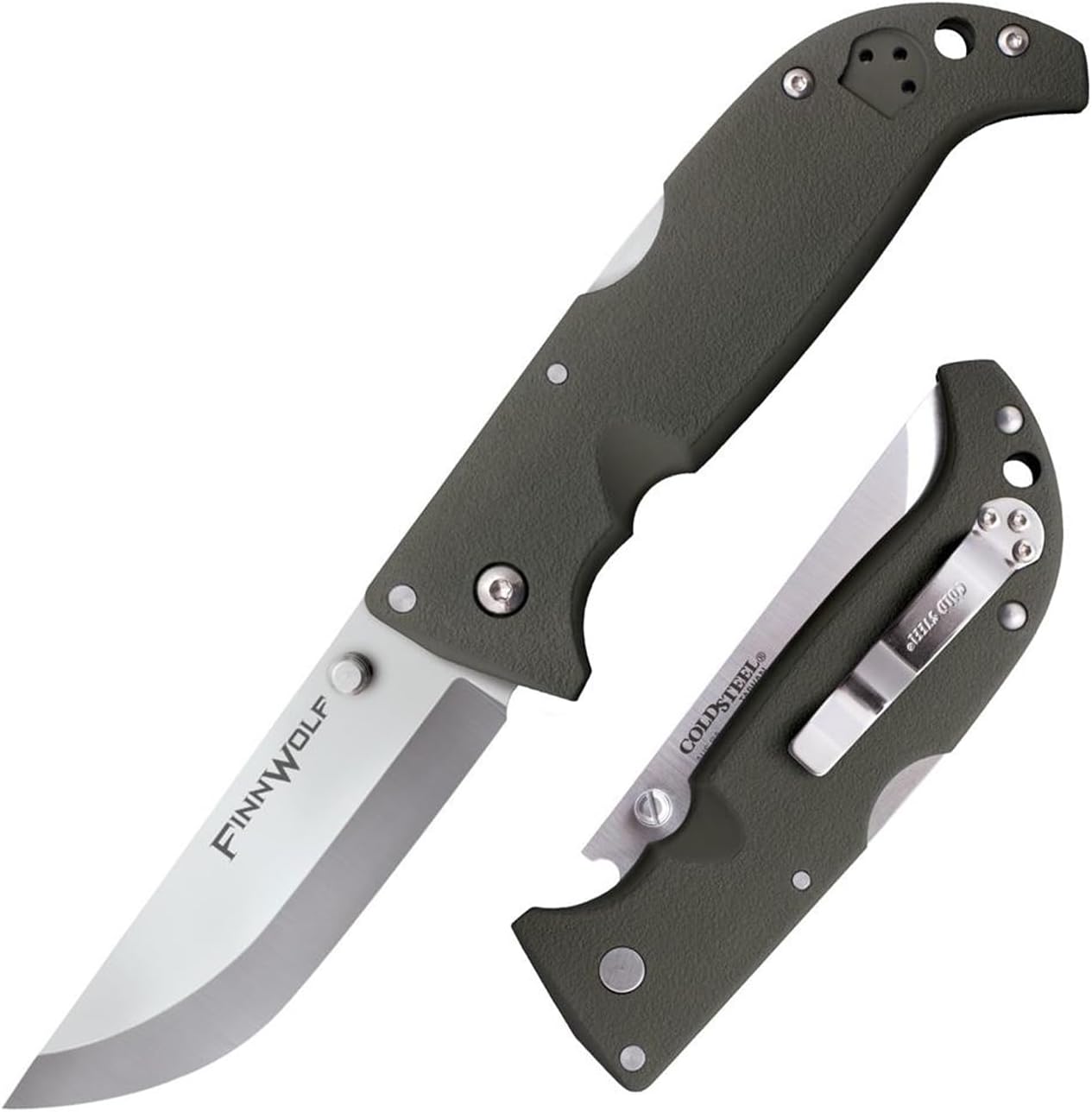 Finn Wolf 3.5in AUS8A Razor-Sharp Straight Back Blade 4.375in Griv-Ex OD Green Handle Hunting Folding Knife, Boxed