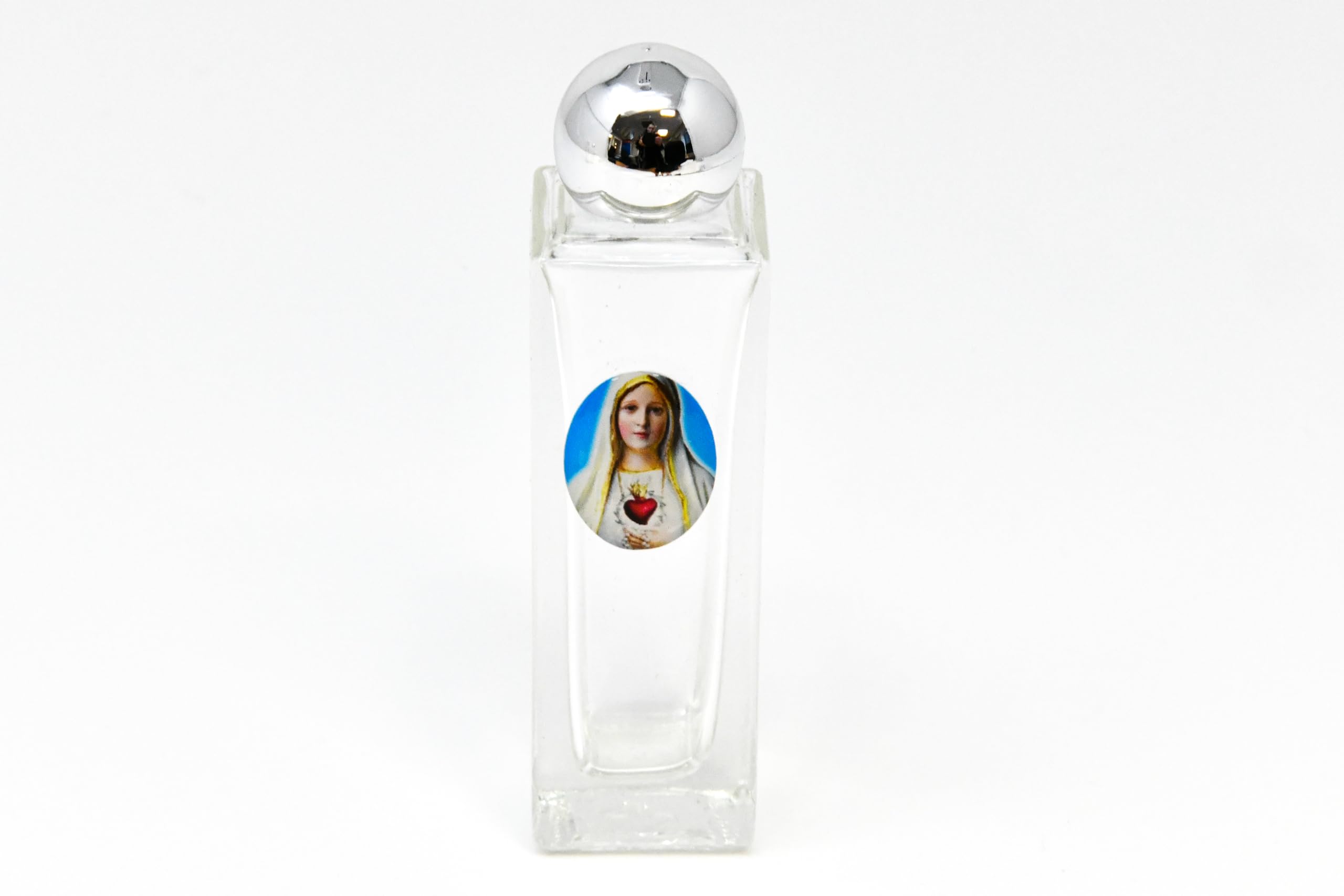 Catholic Gift Shop Blue Our Lady Of Fatima Tall Glass Holy Water Bottle.