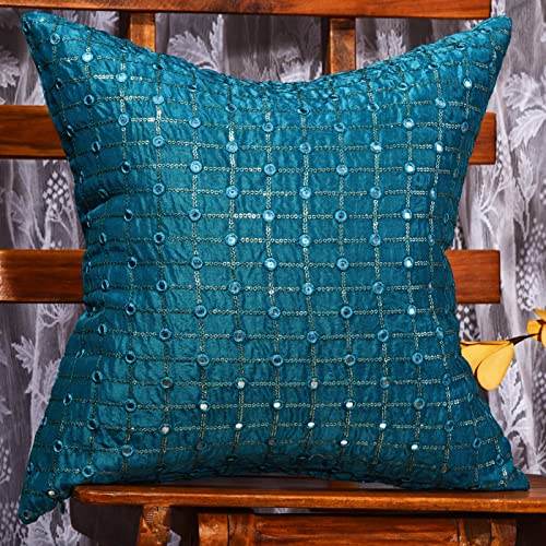 Image of Teal Decorative Cushion Covers 20x20 inches Set of 2, Silk Embroidered Pillow Covers, Turquoise Throw Pillows