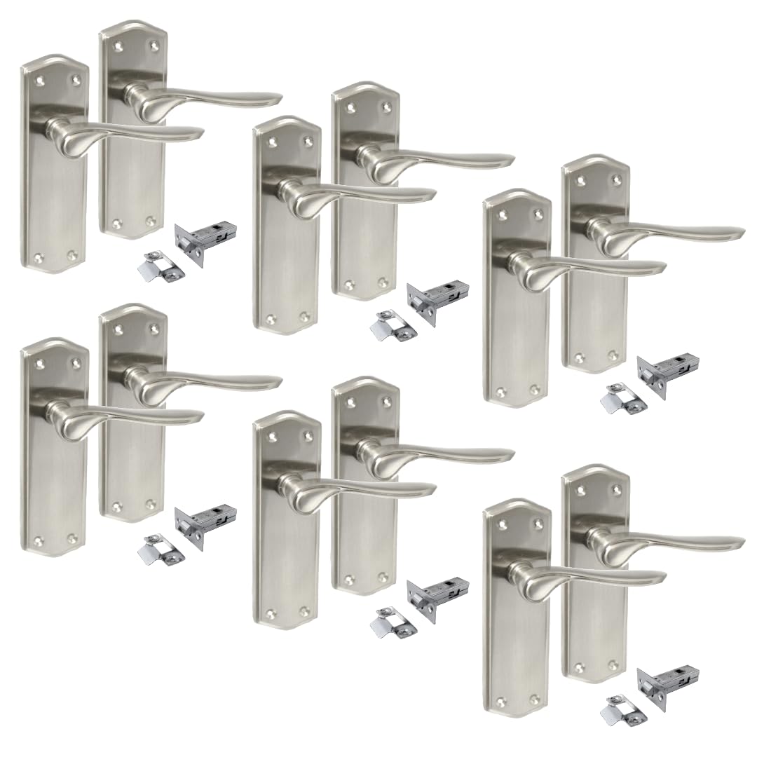 Epsom Door Handle Silver Satin Nickel Internal Door Handles With Long Back Plate - Stellar Design (6 Pair Of Handles + Tubular Latch)