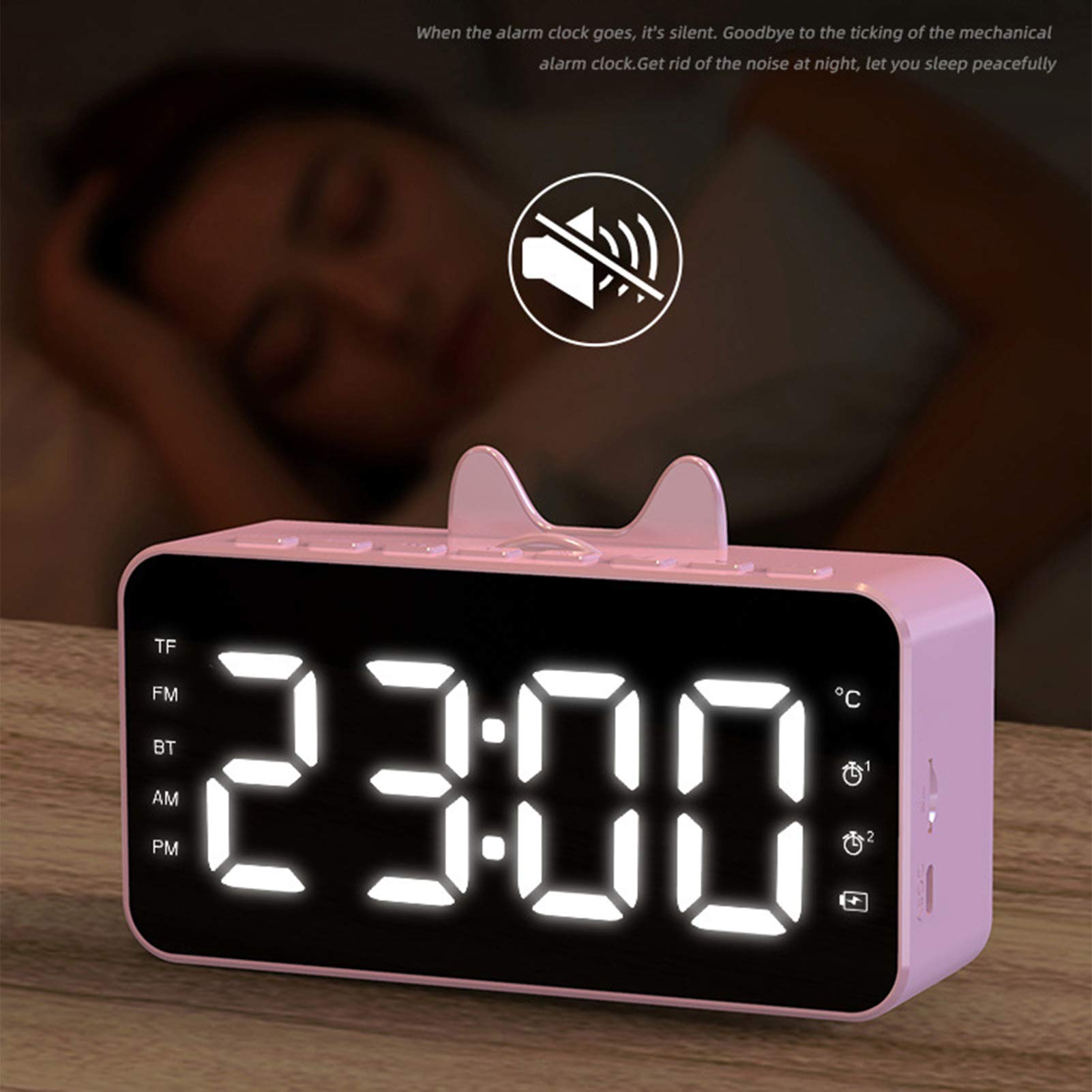 Sveglia Con Altoparlante Bluetooth, Radio FM, Specchio LED, Batteria 1600mAh, Rosa, Per Viaggi E Regali
