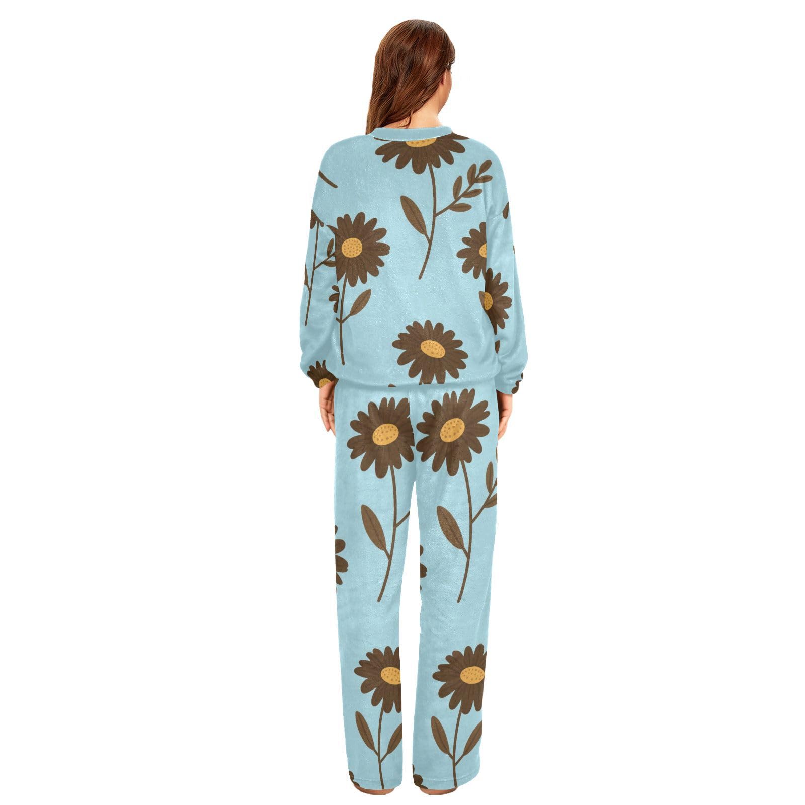 Moda Moda Fiore Marrone Blu Classico Donne Pigiami In Pile Manica Lunga Girocollo Pj Set