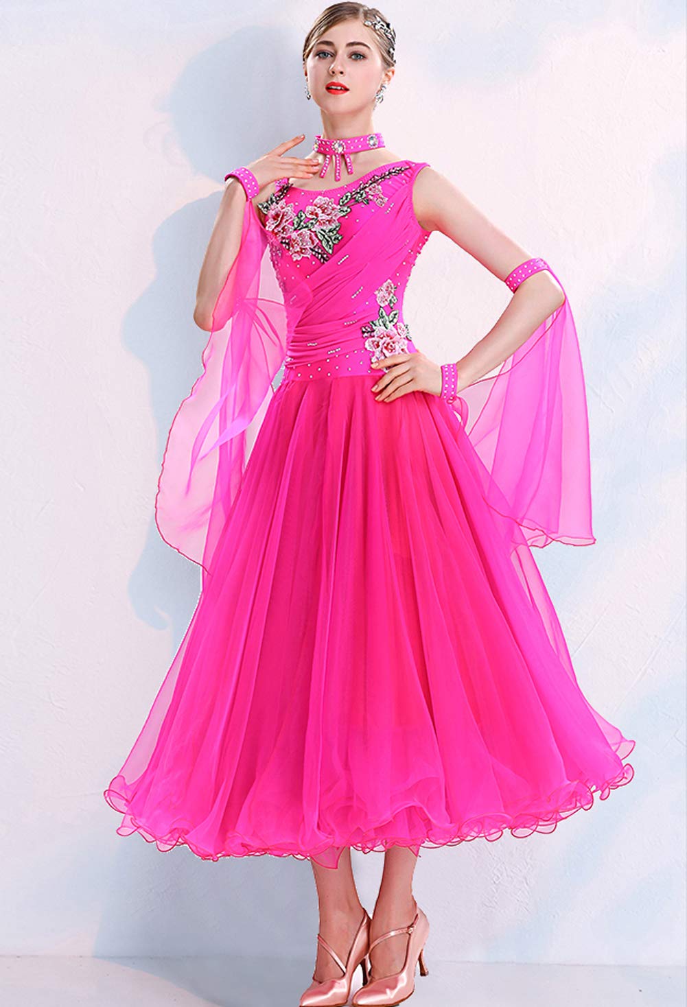 NAKOKOU Women's Performance Big Swing Ballroom Dance Dresses Sleeveless(Rose,S)