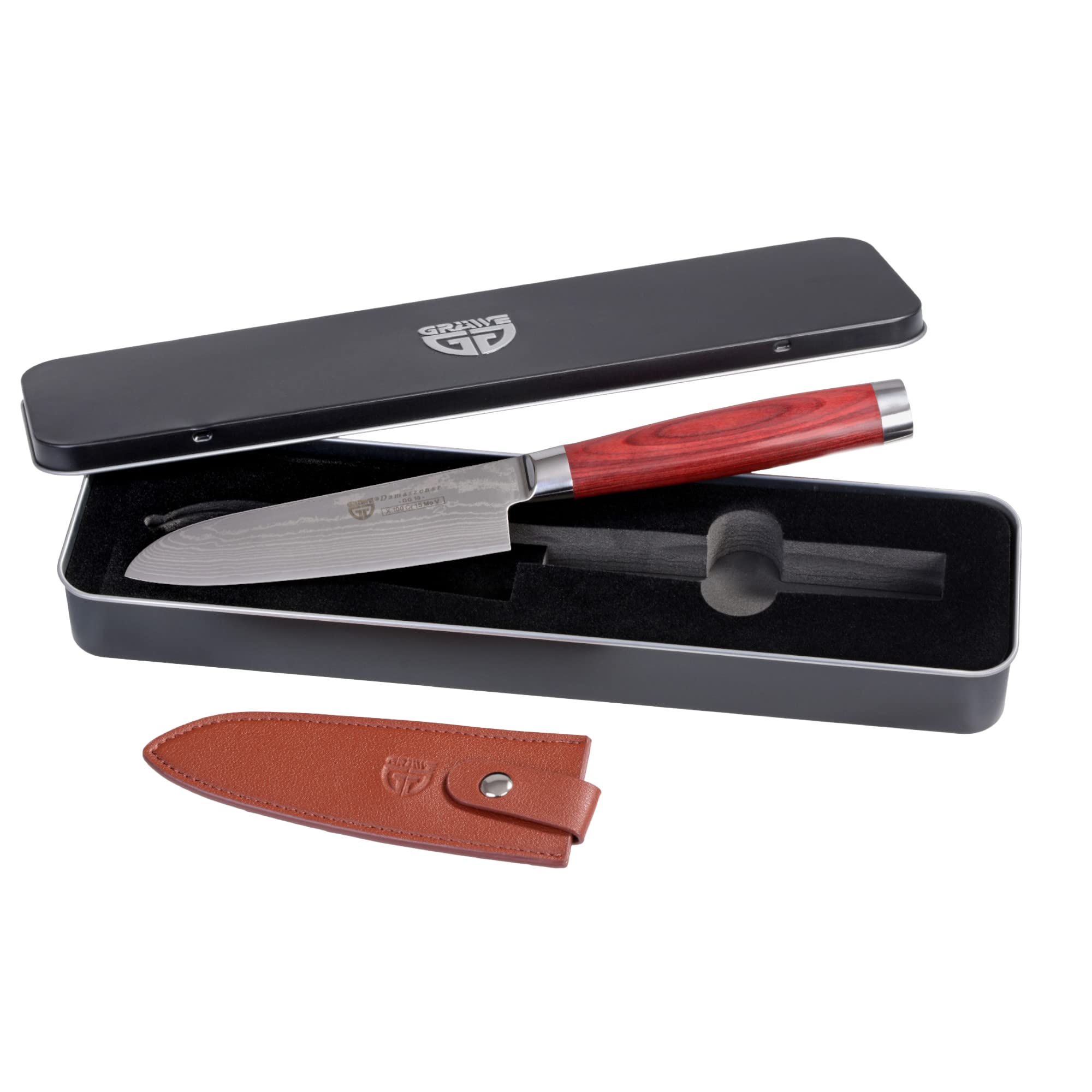 GRÄWE zestaw noży Santoku, 2 sztuki, nóż damasceński z drewnianym uchwytem, ostrze 12 cm i 17 cm w zestawie z osełką 400/1000