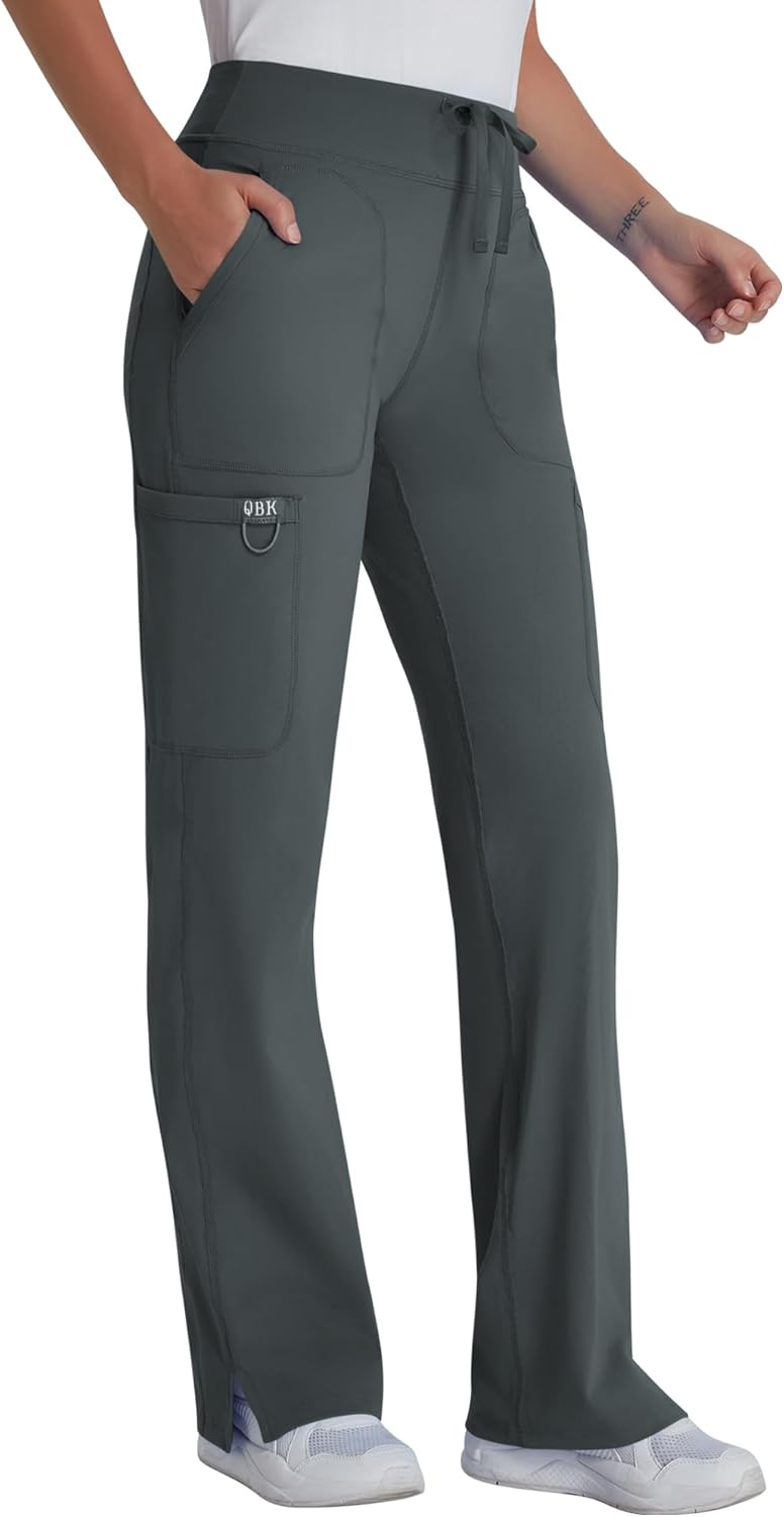 QBK Yoga Scrub Pants Women - High Waist Straight Wide Leg Uniform Pants with Cargo Pocket, Anti-Wrinkle & Knit Yoga Waistband - Image 2