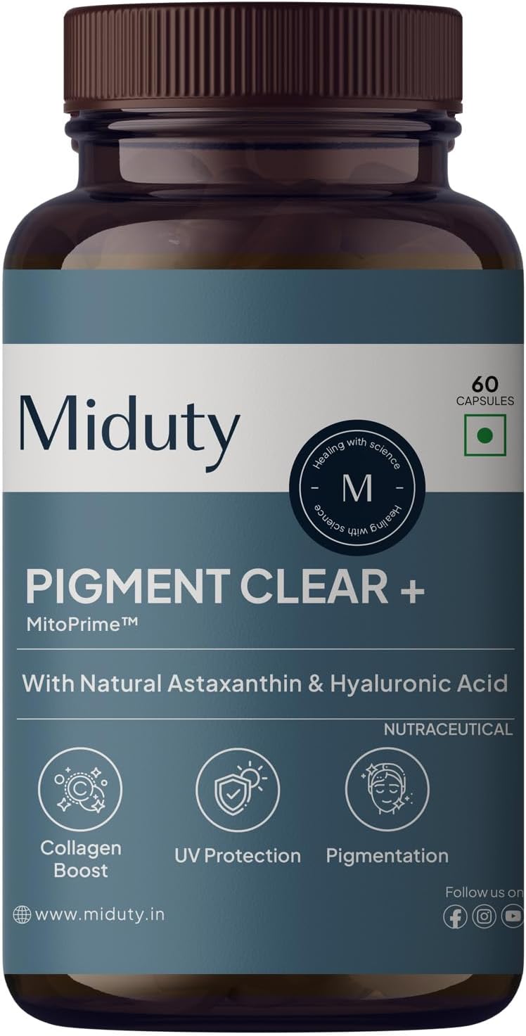 Miduty Pigment Clear+ – Skin Support Supplement with Longevity Vitamins, Mineral Complex & Hyaluronic Acid – Reduces Pigmentation & Uneven Skin Tone – 60 Capsules