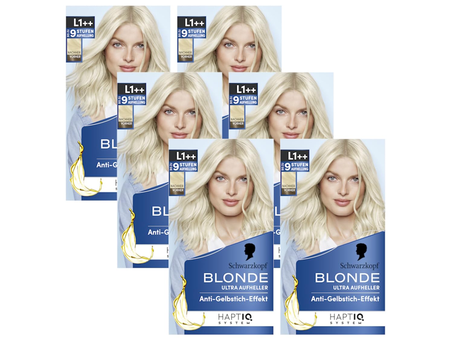 Schwarzkopf Blonde Aufheller L1++ (6x 143 ml), Haarfärbemittel für Öl-aktiviertes Haare Aufhellen mit HaptIQ System, für bis zu 9 Stufen ohne Gelbstich