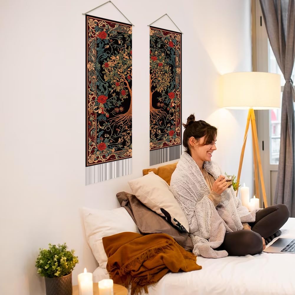 SUPERDANT Tree of Life Long Vertical Tapestry for Bedroom Folk Wall Hanging Narrow Art Vintage Blanket Decor 2 Pack Tapestries with Tassel for Home Living Room Dorm Gifts Brown 51x13 in