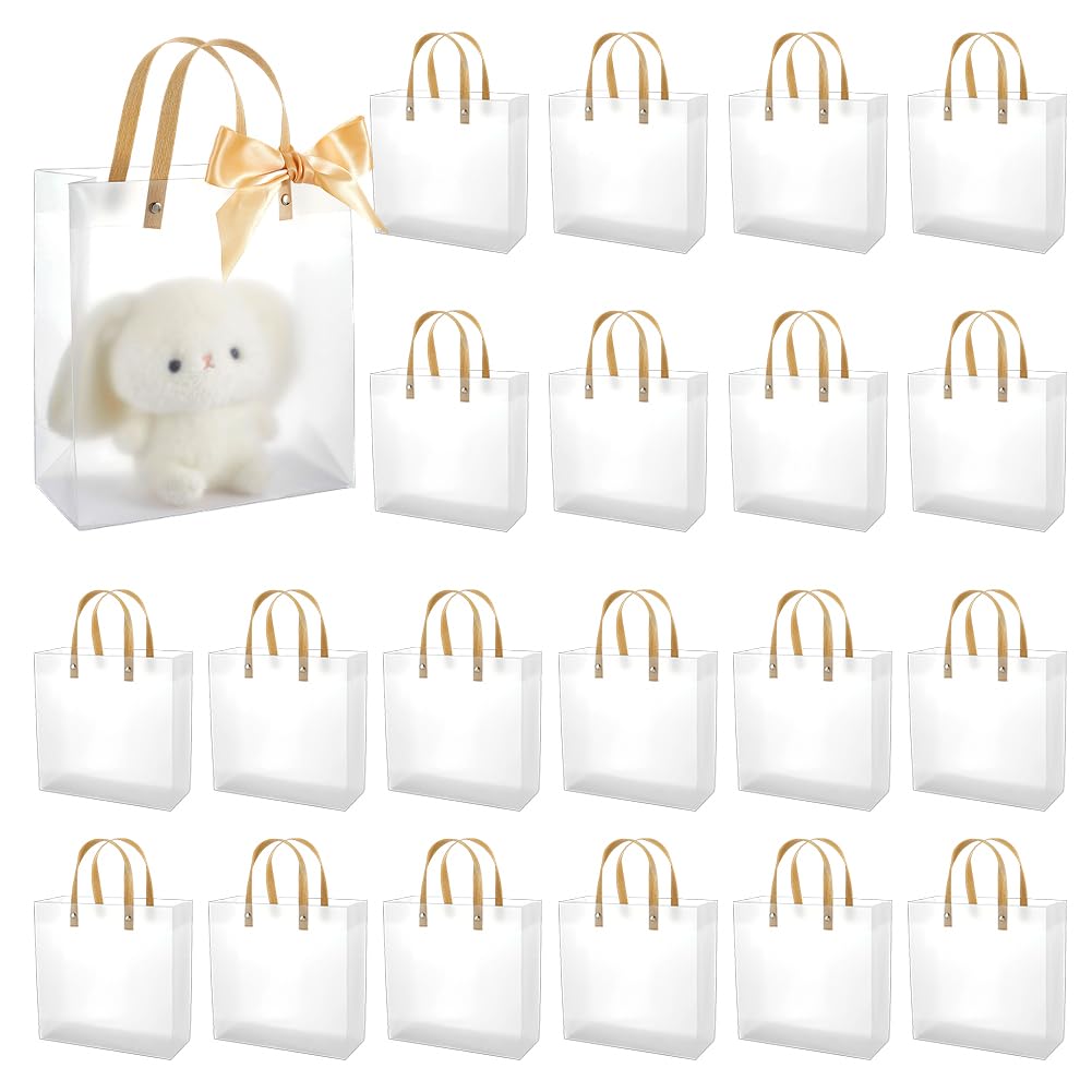 BENECREAT 24 Sacchetti Regalo Trasparenti con Manici, 24x22x10cm Sacchetti Regalo In Plastica con Nastro per Matrimoni, Shopping, Compleanni, Natale