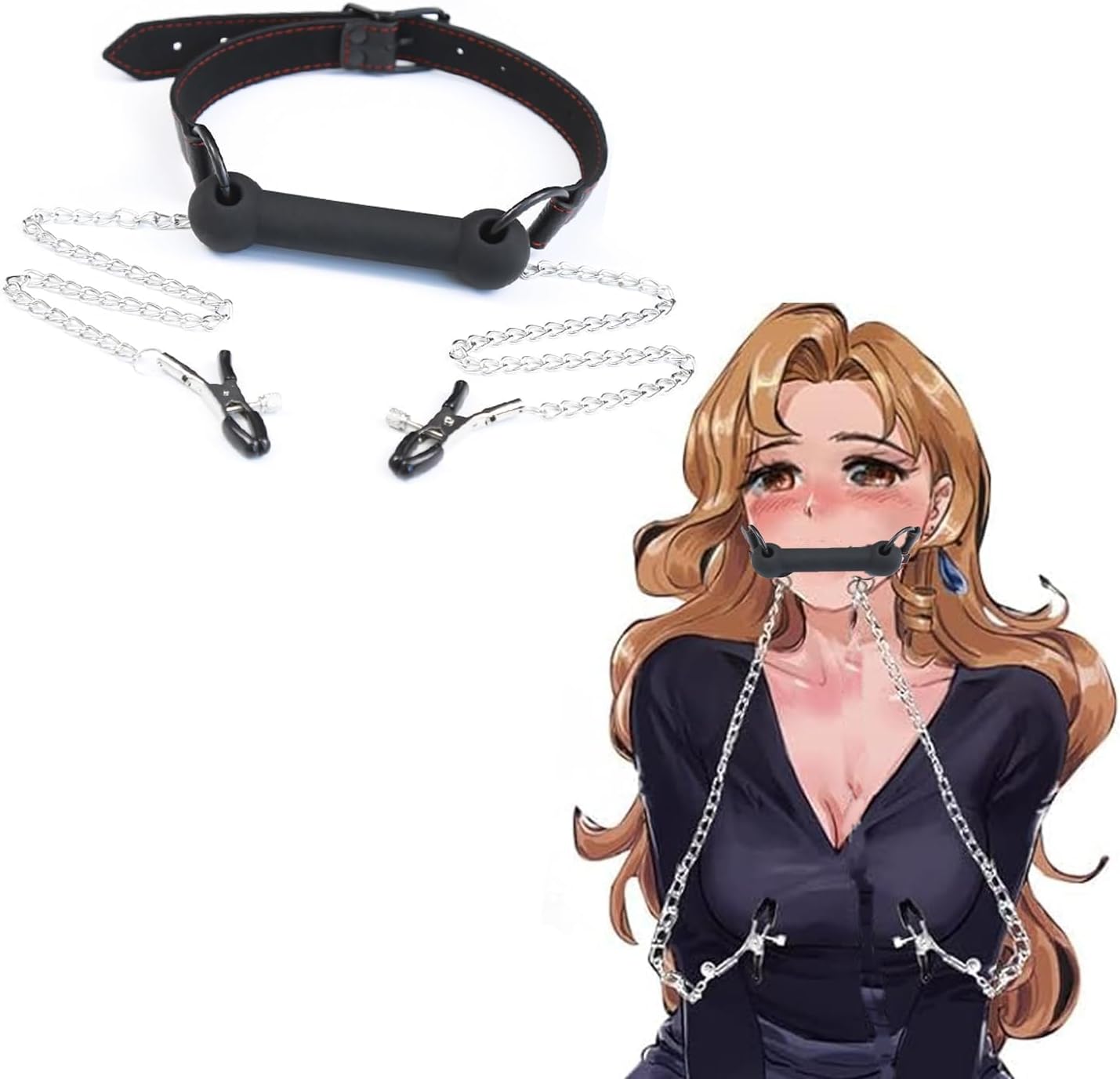 Silicone Bone Mouth Gag with Nipple Clamps and Metal Chain, Adjustable Leather Strap, BDSM Bondage Set for Couples