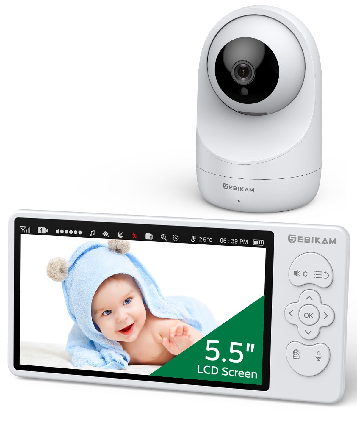 Vigilabebés con Cámara 5,5" Monitor de Vídeo HD 720P, Sin WiFi | Pantalla IPS, Batería 4000mAh, PTZ 355°, Visión Nocturna, Audio Bidireccional, Modo VOX, Sensor de Temperatura