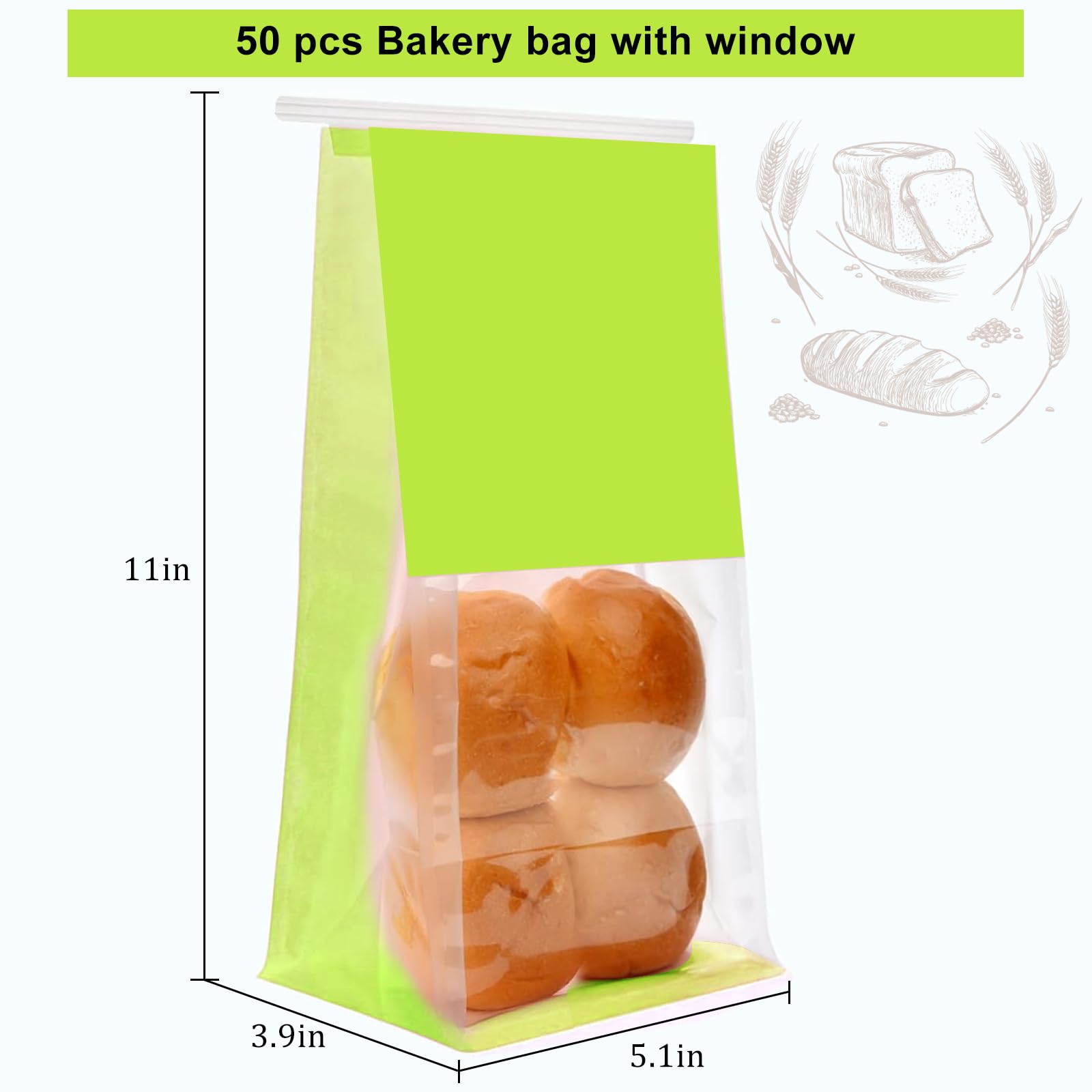 50-Pack Reusable Bakery Bags - Windowed Kraft Paper Bags with Seal & Tin Tie Tab Lock - Upright Cookie, Bread & Pastry Packaging (Green)