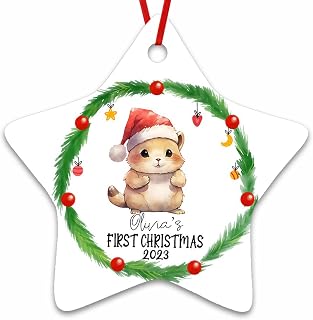 Dinoz Baby First Christmas Pika Animal Lovers, Baby Animal Santa Claus Tree Custom Names Printed Both Sides Keepsake Gifts Star Ornament Ceramic Decorations House