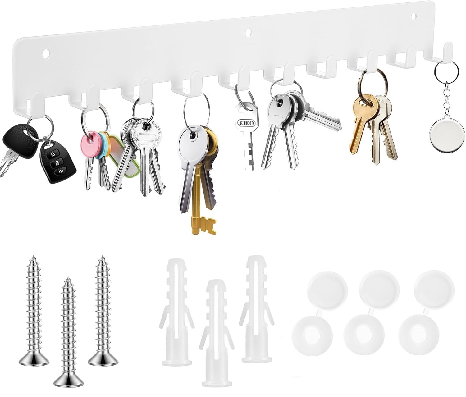 QJKEJI Key Holder for Wall, Key Hooks Wall Mounted, Key Racks for Wall, Metal Key Hooks with 10 Hooks, Key Hangers Heavy Duty Hooks for Hallway Kitchen Bedroom Living Room Bathroom Office (White)