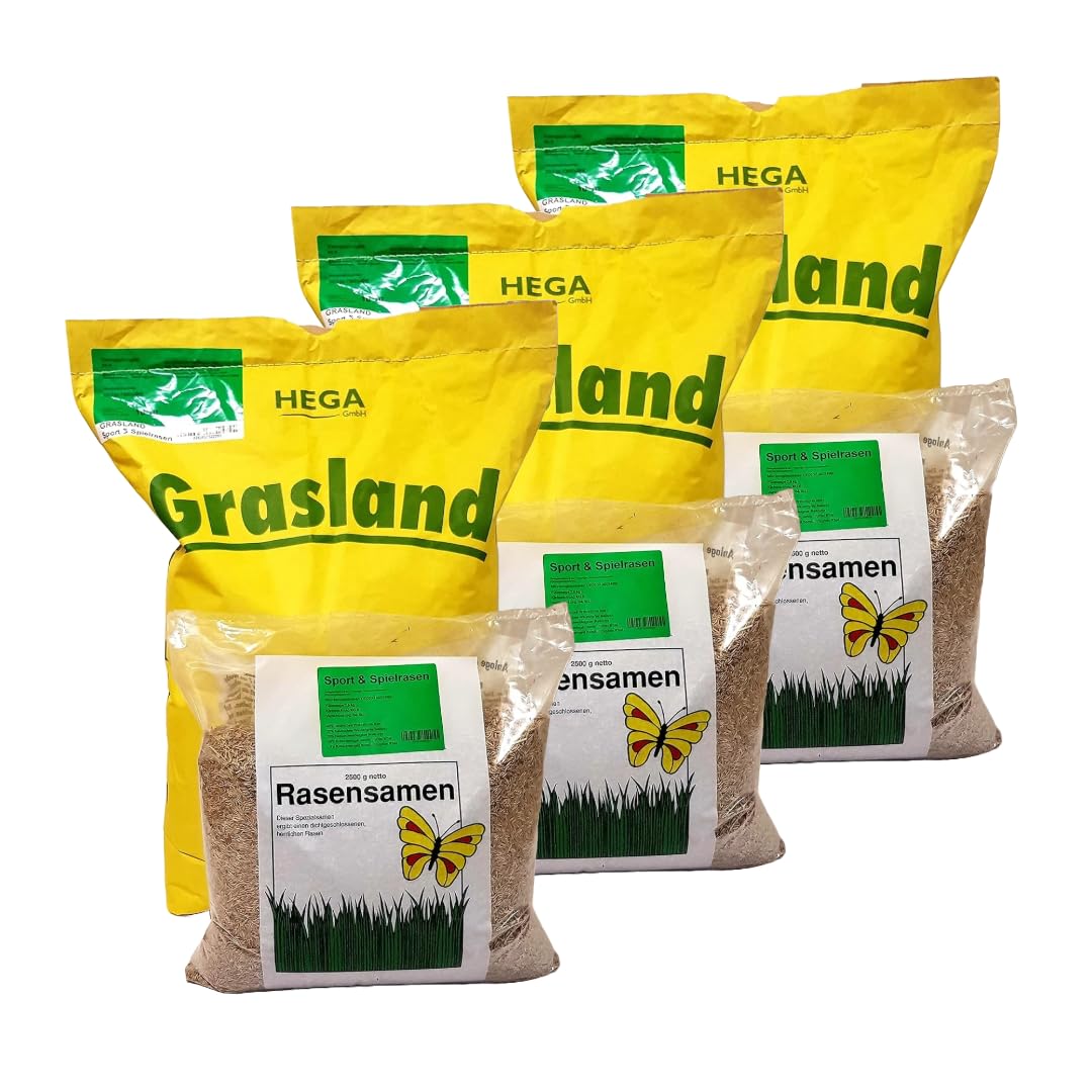 3 x 10kg HEGA Grasland Rasensamen Sport und Spiel, Grasamen, Zierrasen, Sportrasen, Spielrasen, Rasen, robust und widerstandsfähig, kontorliert und zertifiziert, hitzersestent