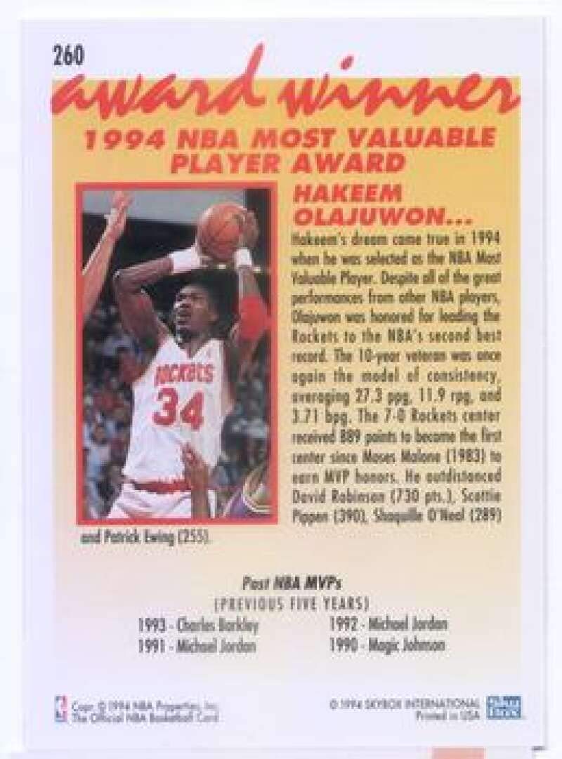 Amazon.com: 1994-95 NBA Hoops Series 1#260 Hakeem Olajuwon Houston Rockets  AW Official Basketball Trading Card made by SkyBox : Collectibles & Fine Art