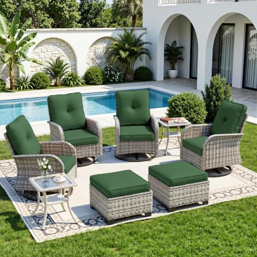 Image of 8-Piece Small Patio Furniture Set, Outdoor Swivel Rocking Chairs Set with Ottomans, Patio Bistro Set for Balcony, Deck, Porch, Dark Green