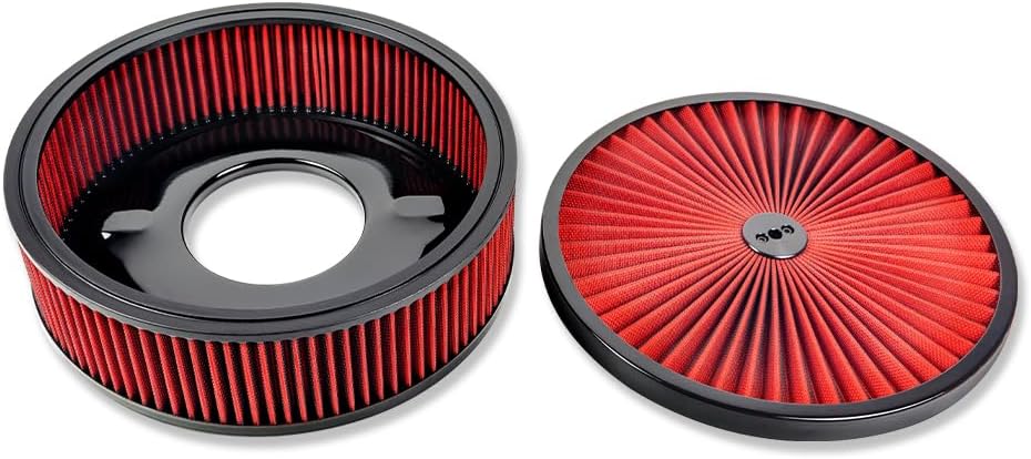 14" x 4" Round Air Cleaner with Red Washable Element & Black Trim For Chevy Ford Mopar