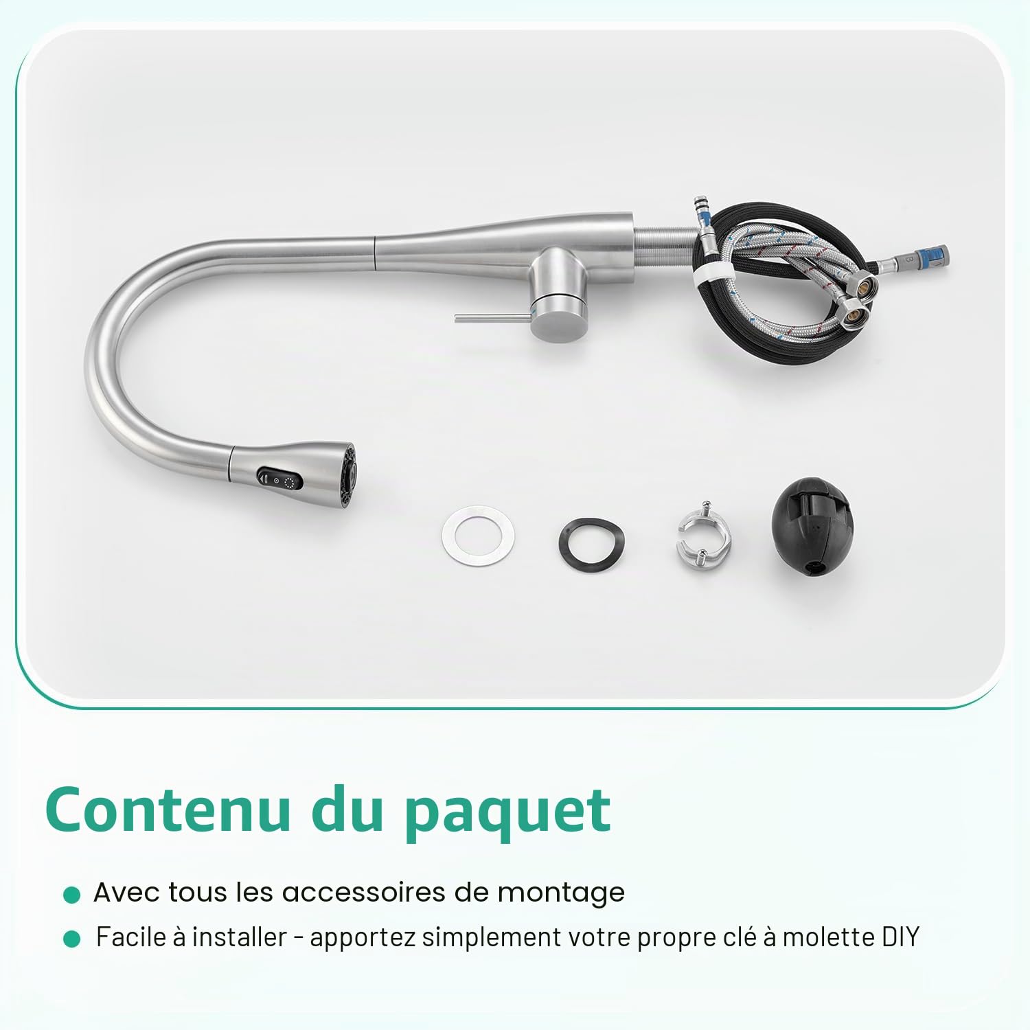 CREA Robinet de cuisine avec douchette extensible, Robinet de cuisine avec 3 types de jet d'eau, Mitigeur monocommande haute pression avec douchette, Pivotant à 360° en acier inoxydable, Brossé