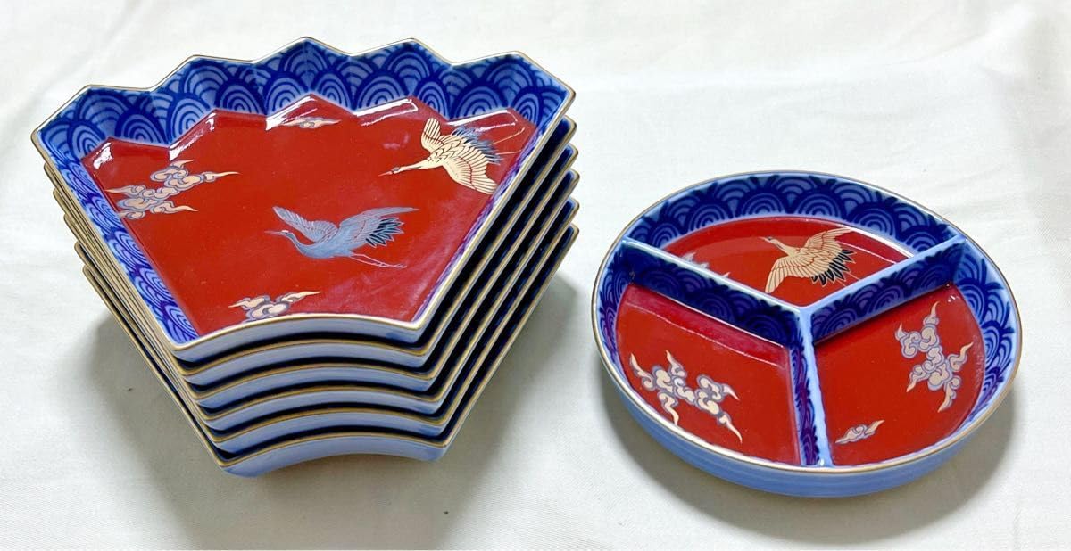 食器有田焼赤濃木甲山水 兎図 和皿揃 5枚『林九郎』作共箱 ☆食器