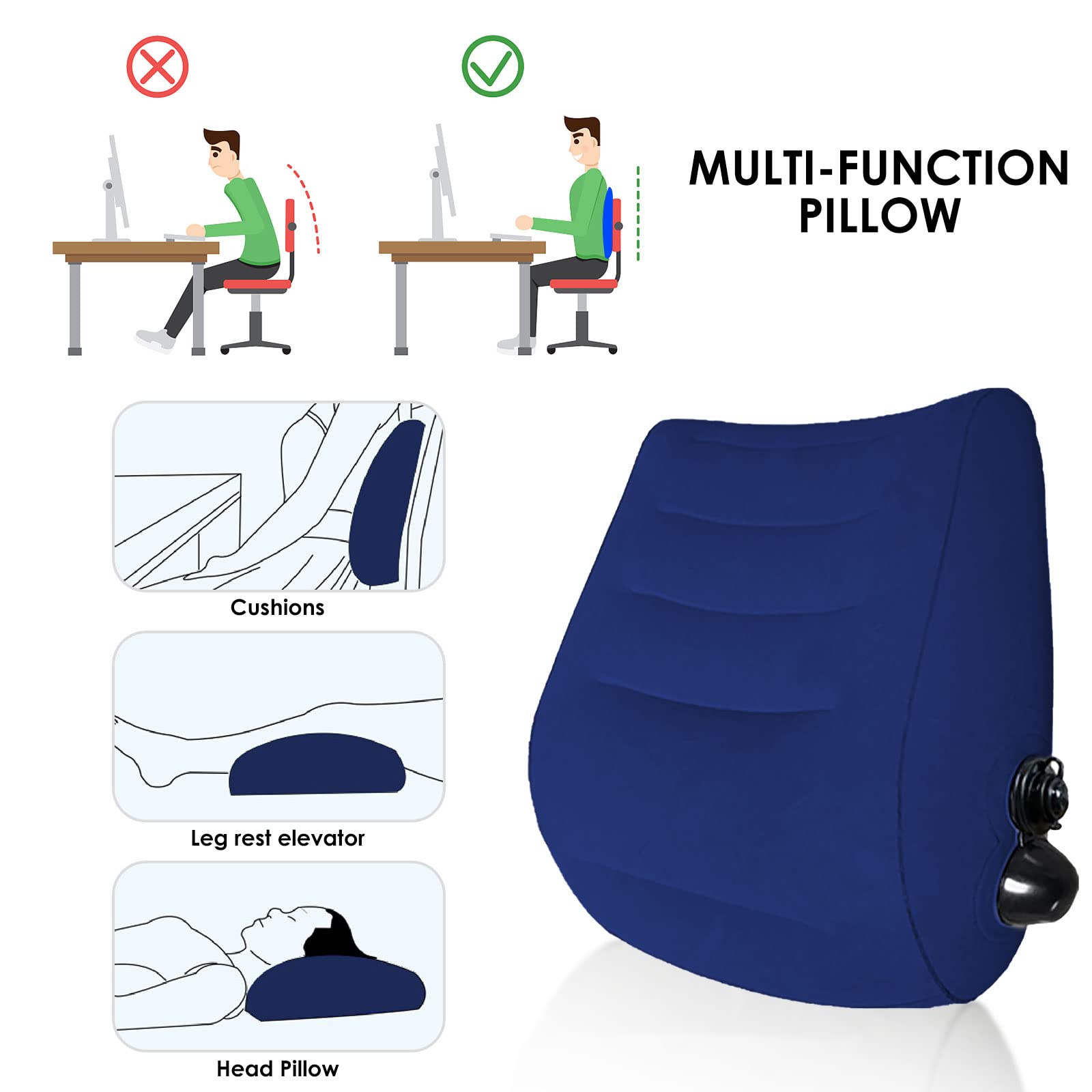 SOONHUA Cuscini da viaggio gonfiabili in memory foam, supporto per la schiena, per il supporto per collo e lombare, auto, aereo, escursionismo, zaino in spalla, premere per gonfiare