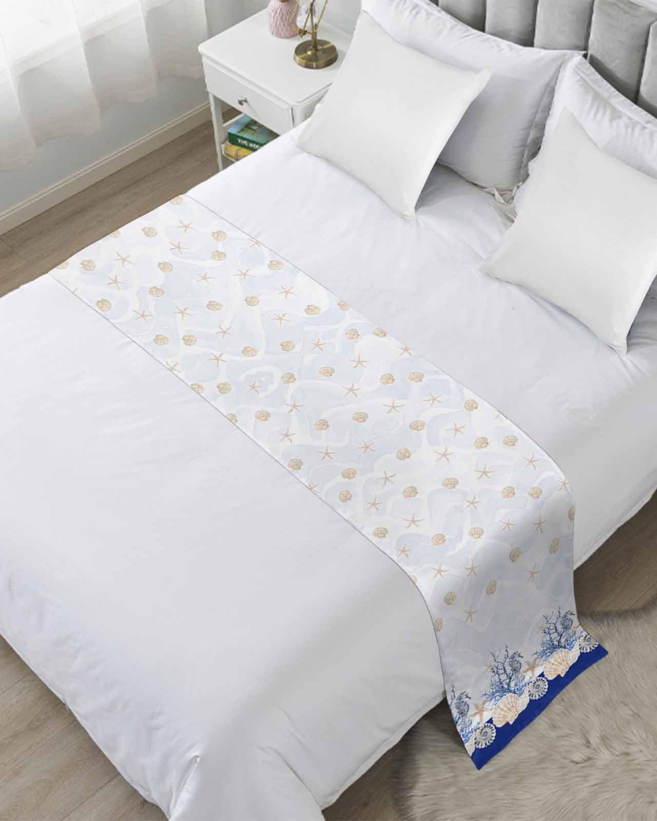Queen Bed Runner Ocean Shells Starfish Blue Coral Bedding Runner Scarves Decorative Bed Scarf, Navy Blue Soft Bed Runners for Bedroom Hotel Wedding 94x20in