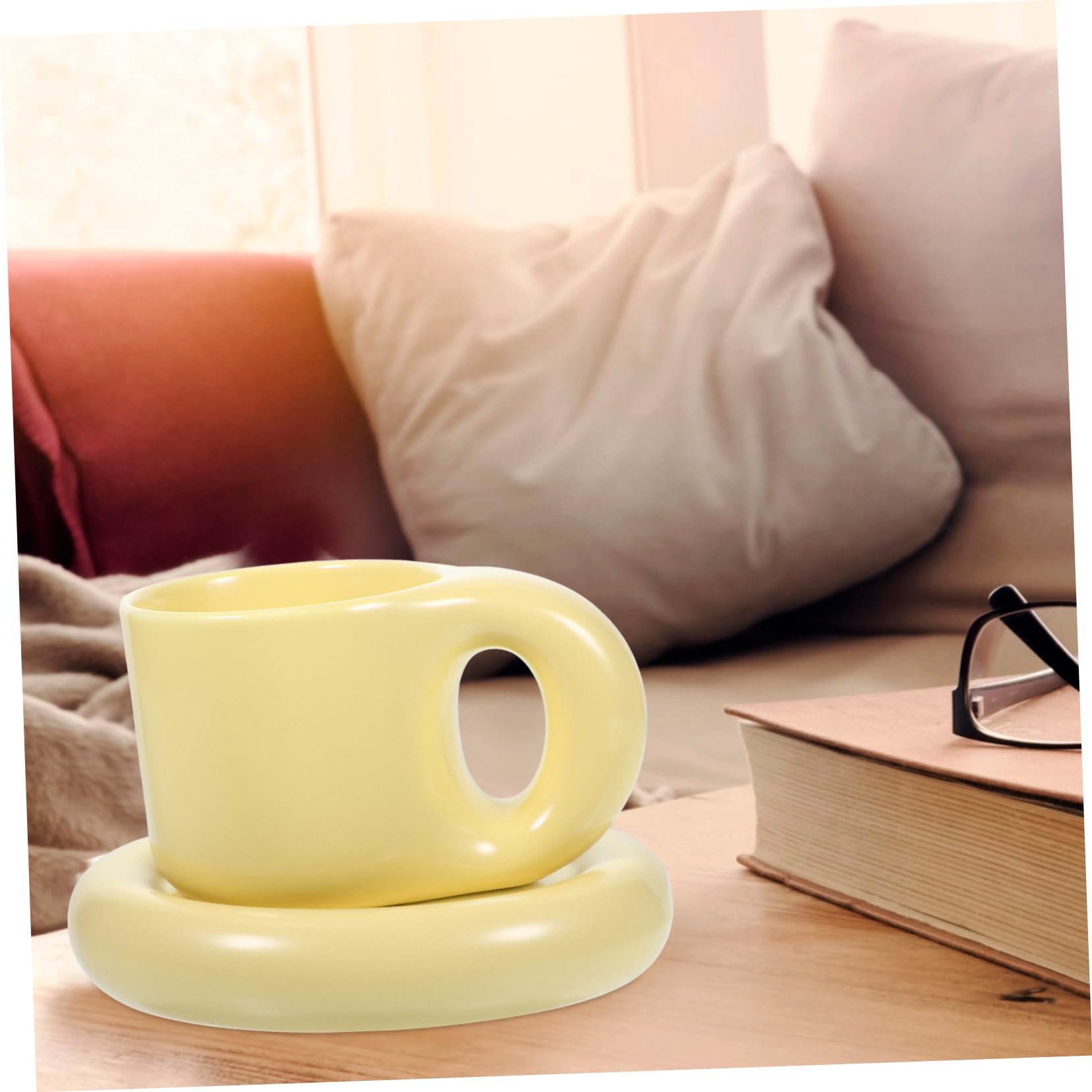 Kaffeebecher Multifunktions Gelb 300ml mit Untertasse aus Keramik Stilvolles Design Glatt und Grate für Zuhause und Büro
