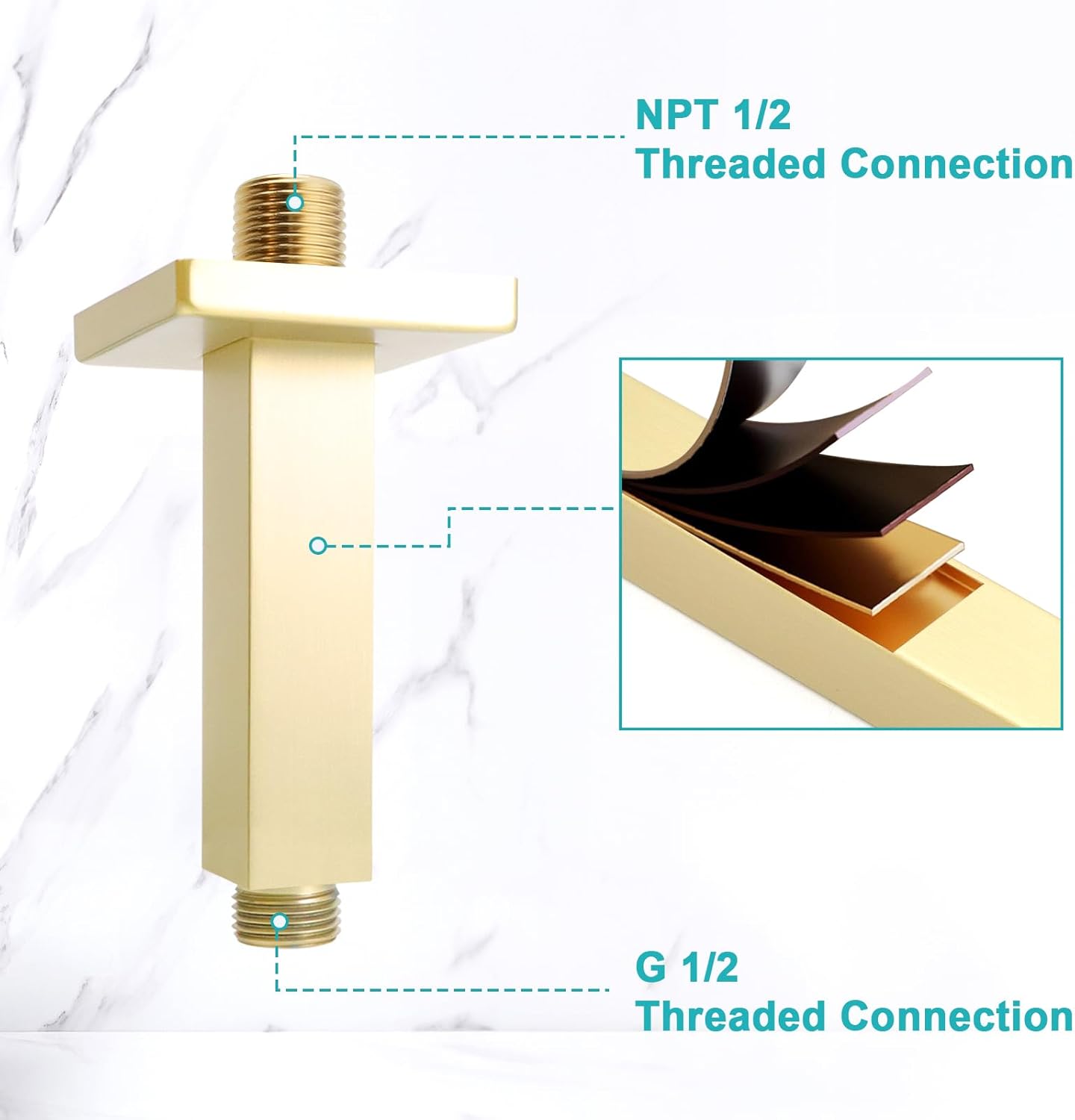 Enga Square Shower Arm with Flange, 3 Inches Ceiling Mount Replacement Rain Shower Head Straight Arm, Brushed Gold