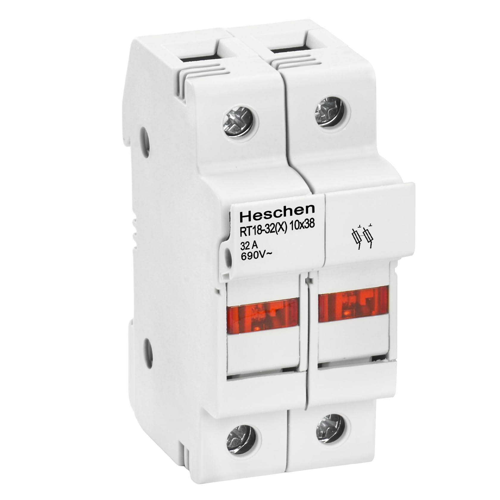 Heschen Cylindrical Fuse Holder Base RT18-32(X) 32A AC690V DIN Rail Mounting for RT18 RO15 10 x 38mm Fuse CE Listed (2P)
