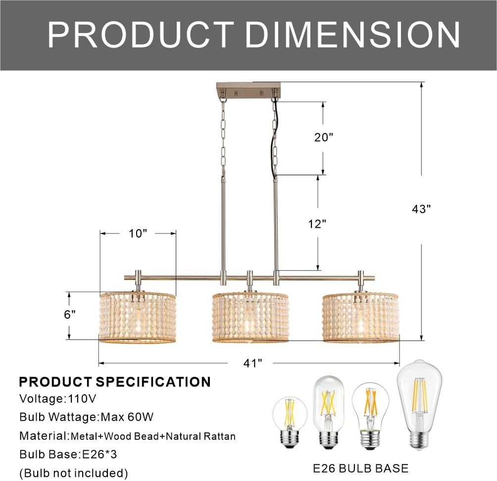 Boho Chandeliers for Dining Room,Brushed Nickel Metal Farmhouse 3-Light Wood Beaded Linear Pendant Light Fixtures for Kitchen Island Living Room