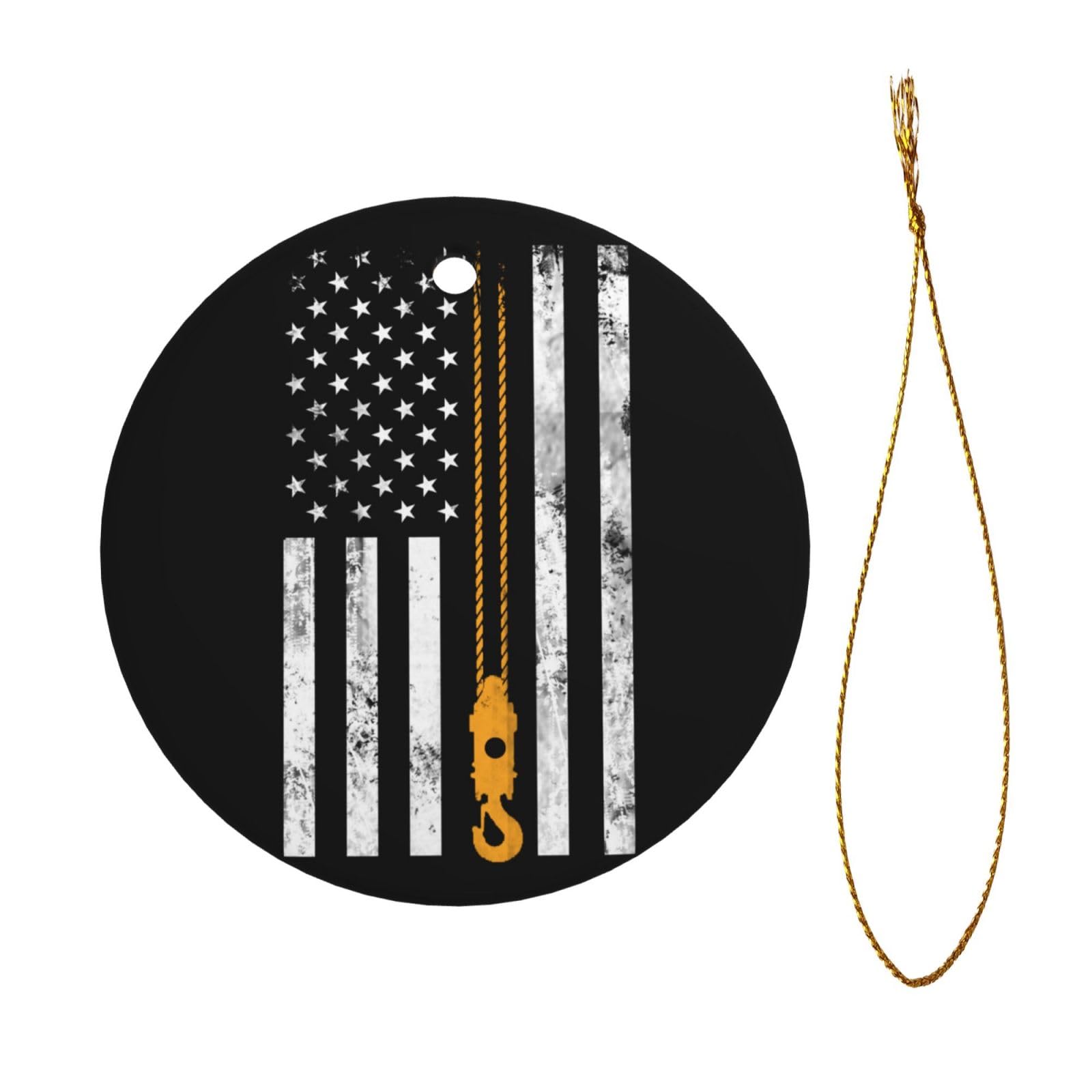Joisbs Holiday Ceramic Ornament, Lifting Hook Thin American Flag Crane Operator, Double-Sided Round Pendant, Ideal Christmas Decoration