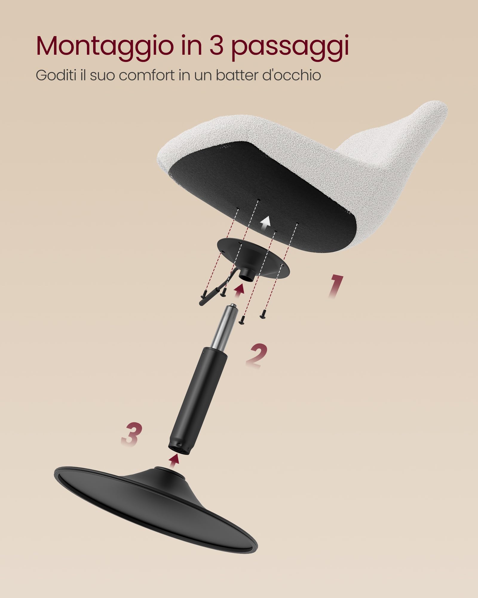 VASAGLE Sgabello da Trucco, Schienale, Sedia da Toeletta Regolabile in Altezza, Girevole a 360°, Camera da Letto Sala da Pranzo Postazione Trucco, Tessuto Peluche, Bianco Crema LJB160WD01